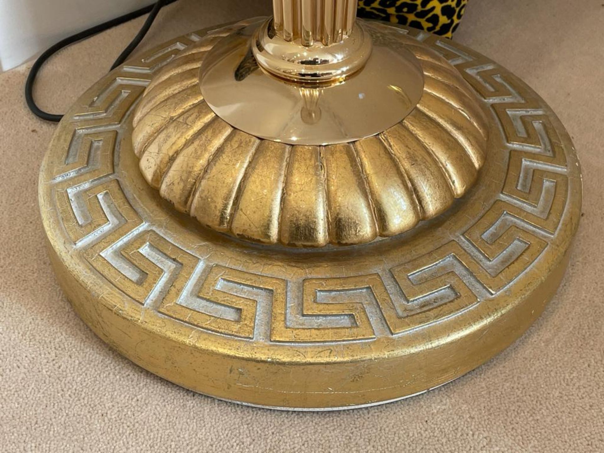 1 x Greek Style Floor Lamp With Weighted Bases, Brass Columns, Frosted Uplight Shade and Inline On/ - Image 3 of 14