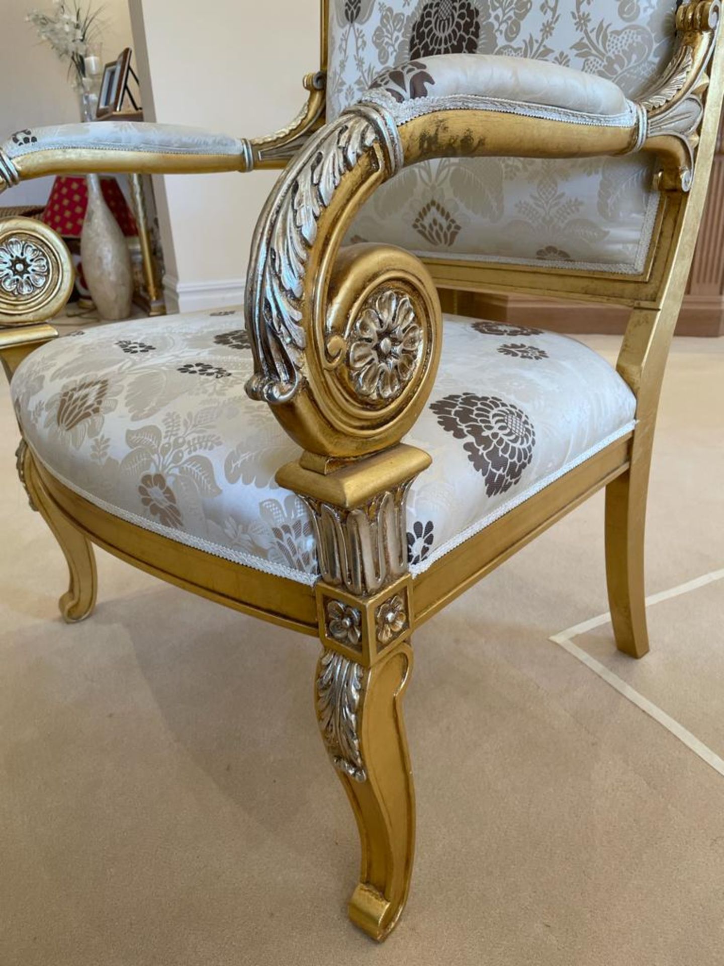 Pair of Scroll Arm Side Chair With Beautiful Carving and Bespoke Upholstery - Size: H105/46 x W75  x - Image 9 of 25