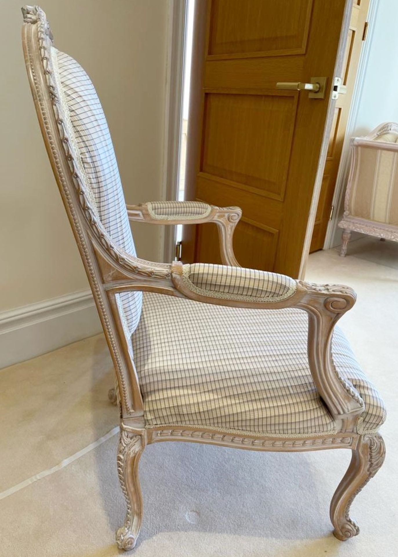 Pair of French Shabby Chic Bedroom Chairs - Stunning Carved Wood Chair Upholstered With Striped - Image 8 of 16