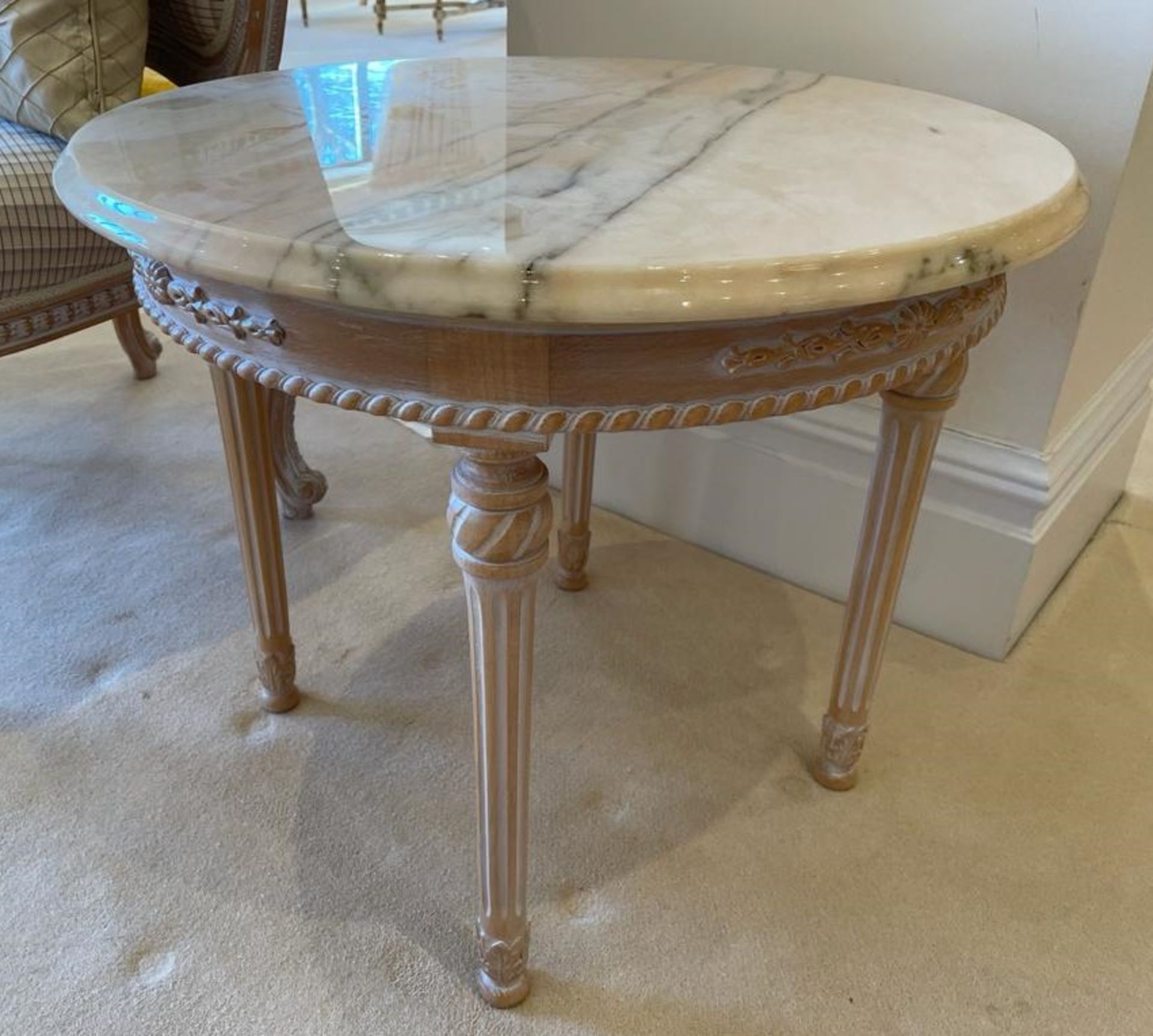 1 x French Shabby Chic Round Lamp Table With Marble Top and Ornate Carved Base - Size: H50 x W60 cms - Image 9 of 11