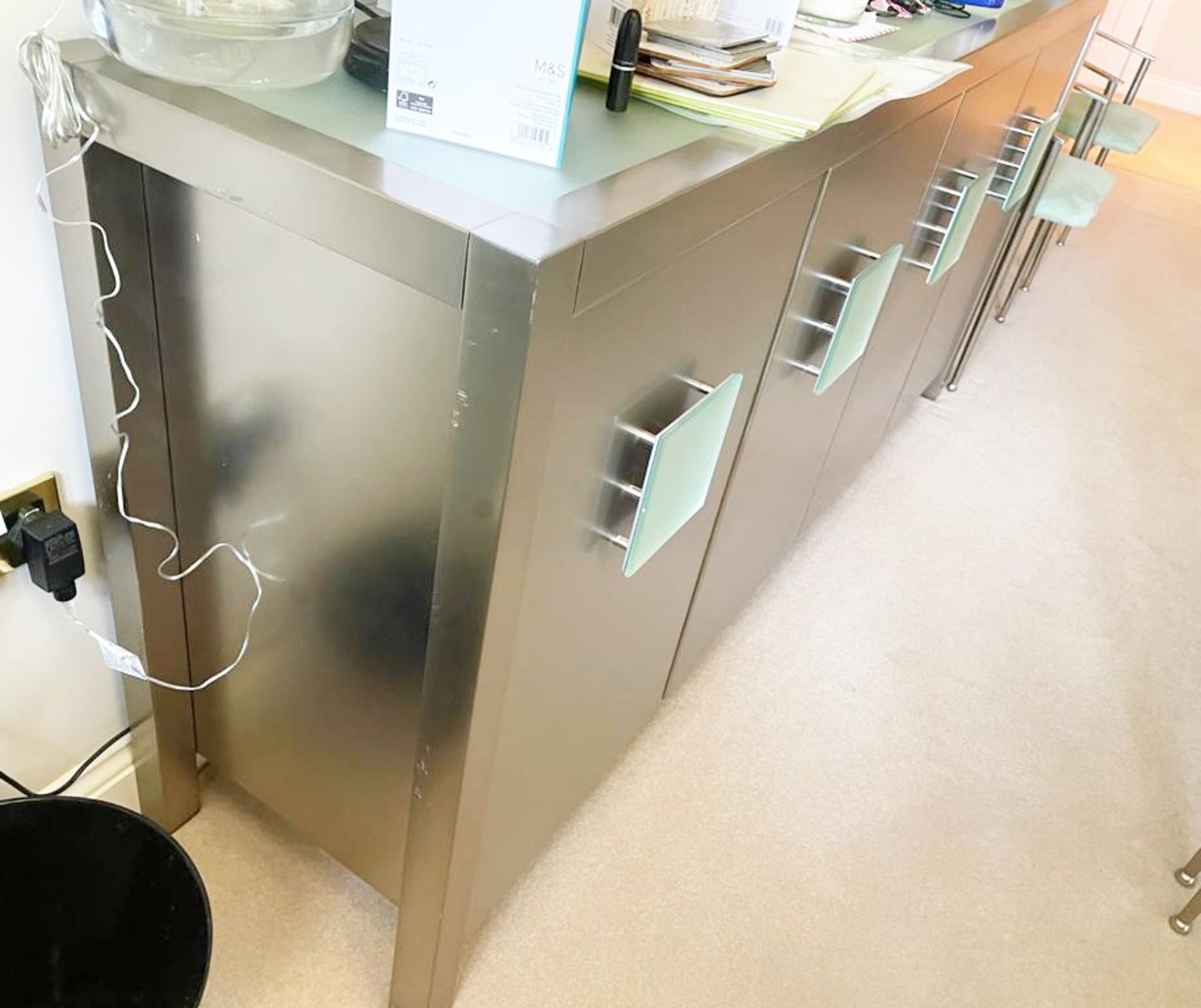 1 x Contemporary Sideboard With a Brushed Metal Exterior and Smoked Glass Top Insert and Door - Image 6 of 9