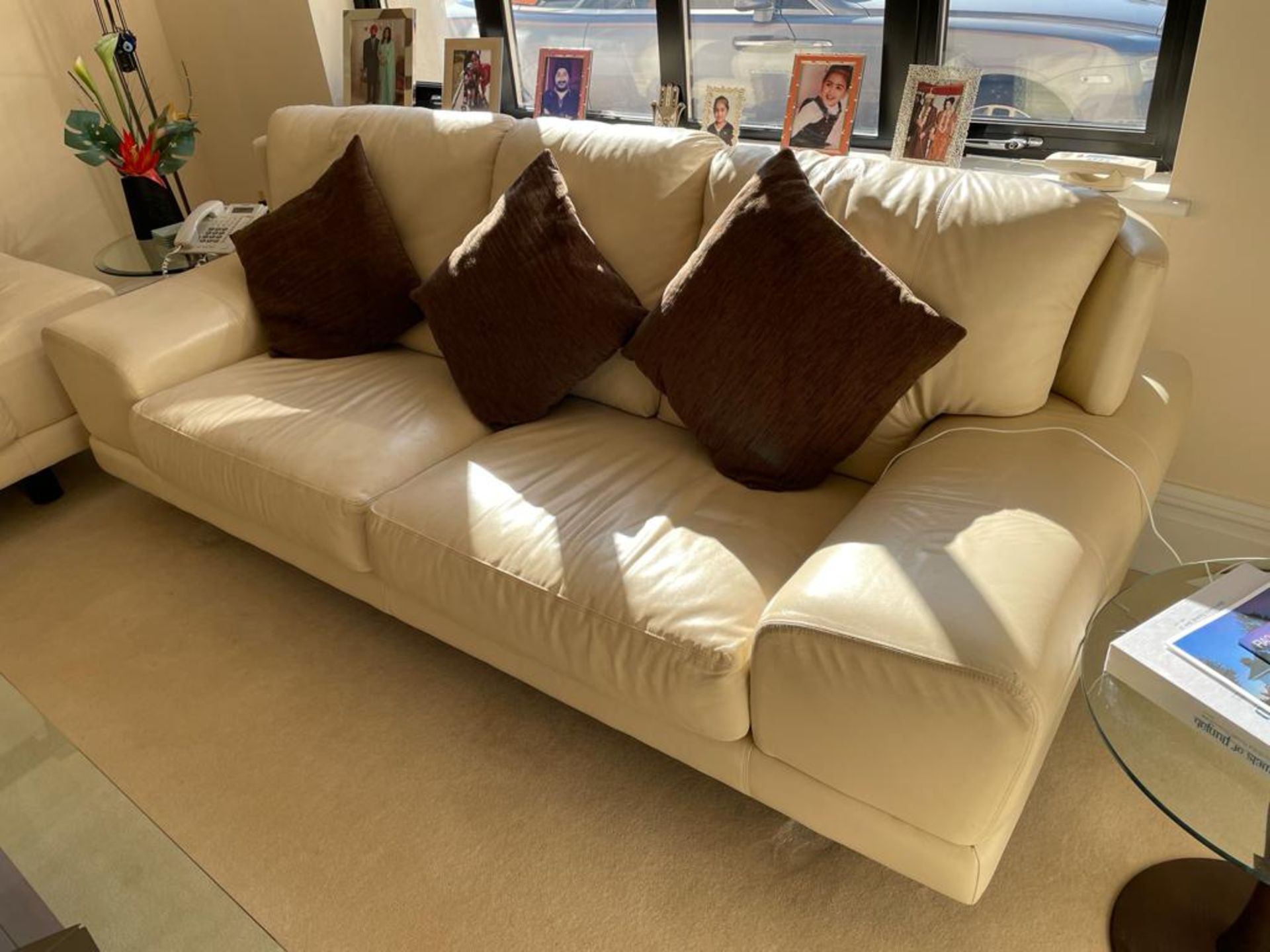 2 x Genuine Cream Leather Contemporary Sofas With Large Armpads and Curved Backs - NO VAT ON THE - Image 7 of 23