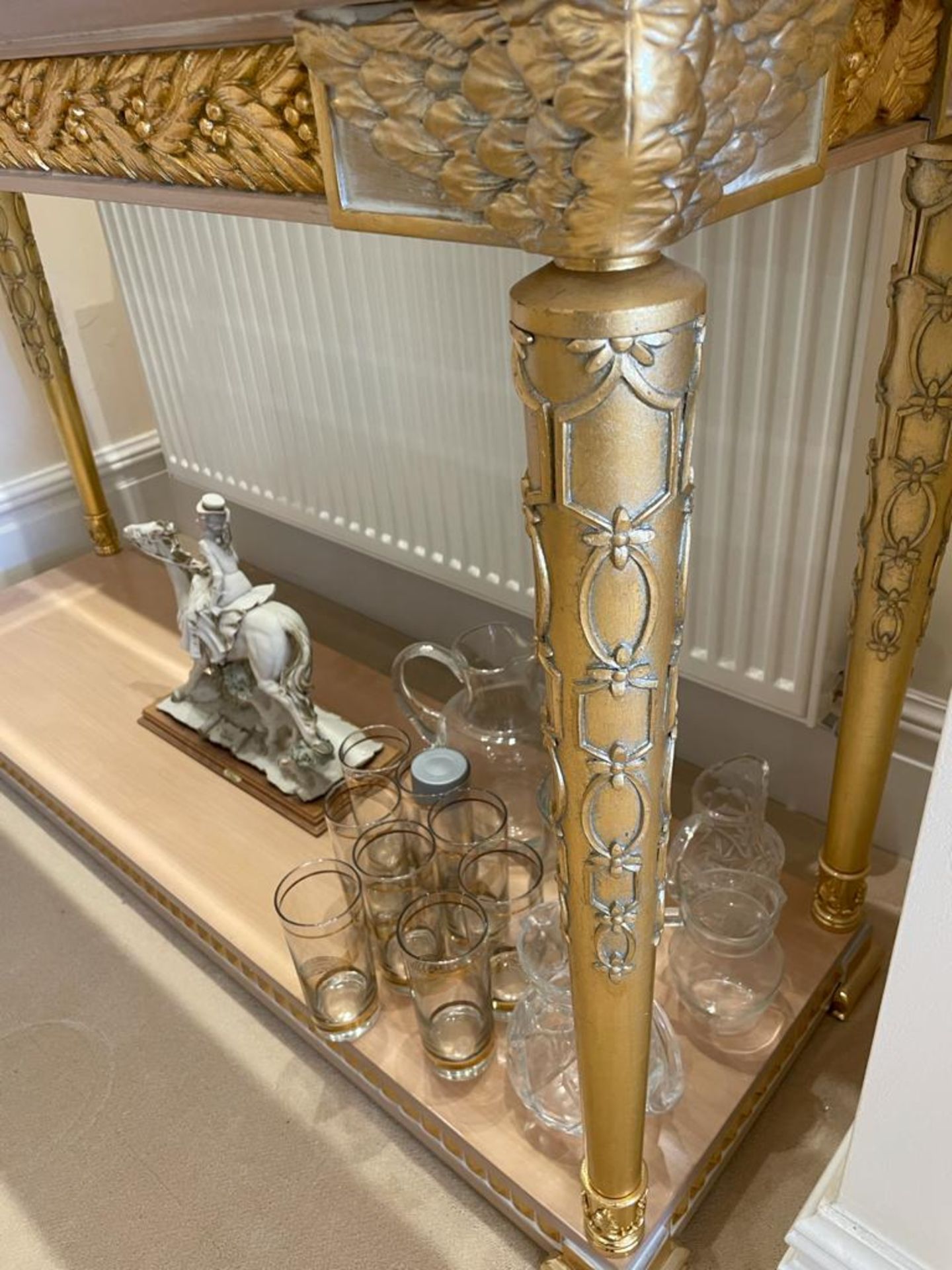 1 x Hand Carved Ornate Console Table Complimented With Birchwood Veneer, Golden Pillar Legs, - Image 8 of 10