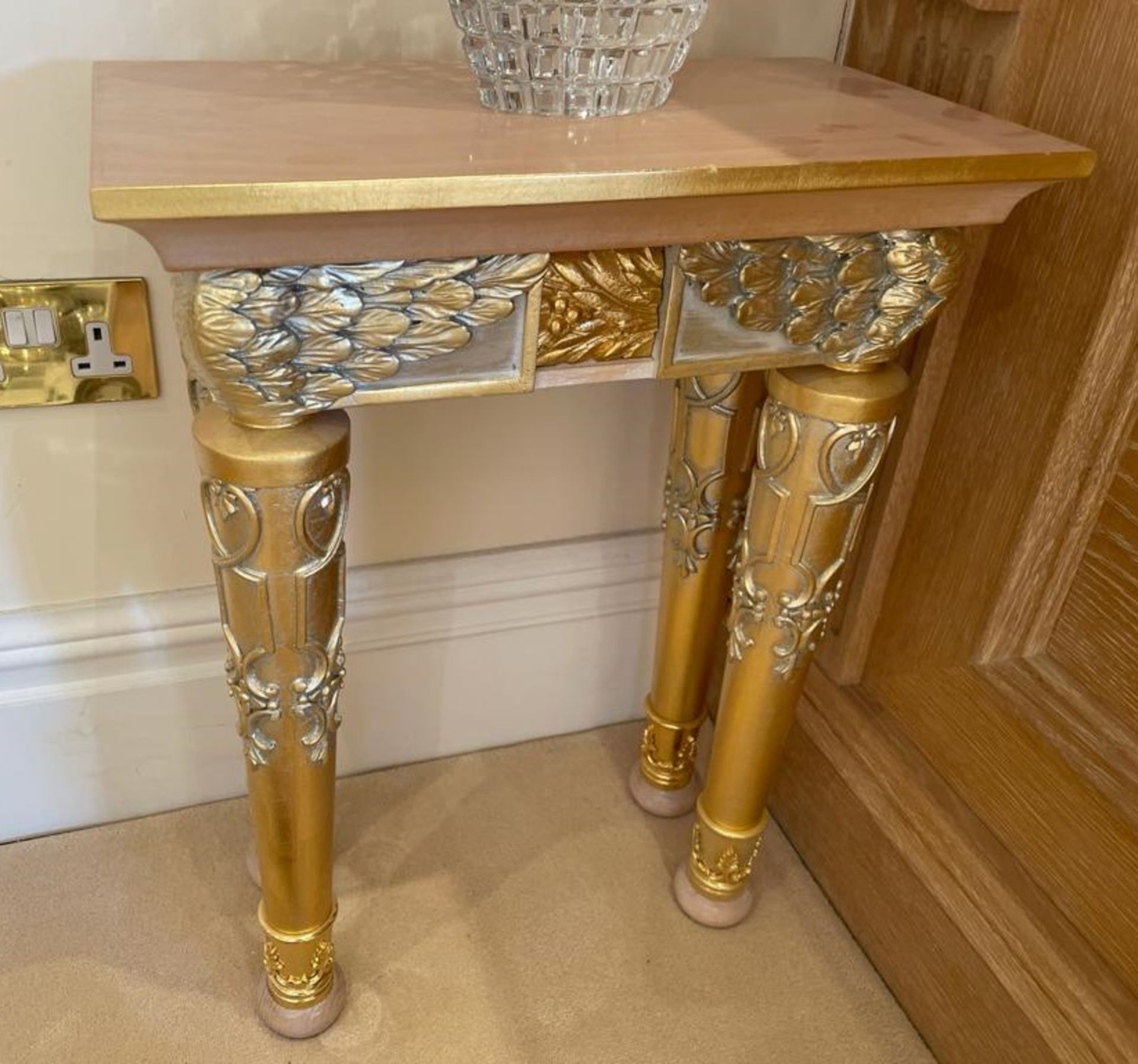 1 x Hand Carved Ornate Lamp Tables Complimented With Birchwood Veneer, Golden Pillar Legs, Carved