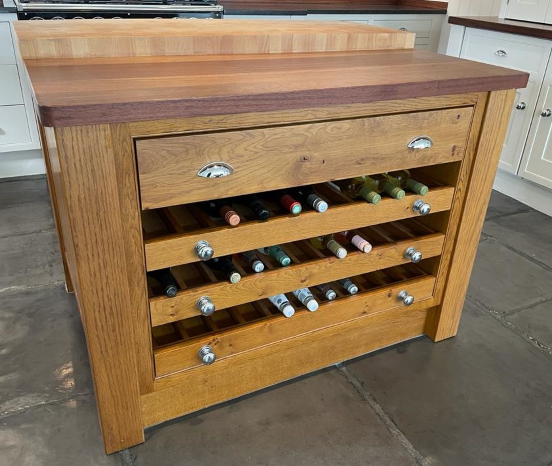 1 x Rustic Solid Wood French Country Kitchen Island With Drawers, Wine Racking + Chopping Block Top - Image 2 of 14