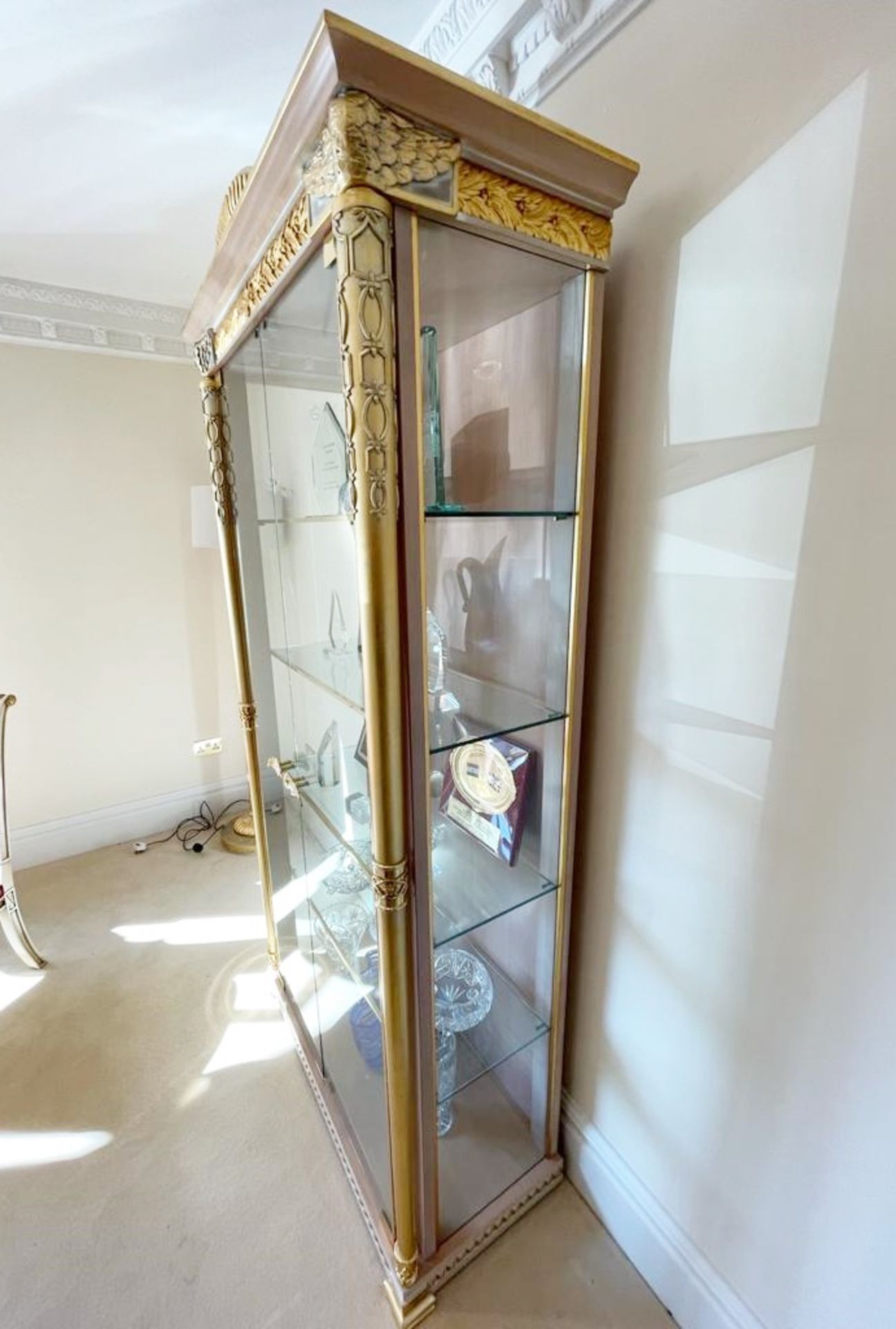 1 x Grand Showcase Upright Display Cabinet With Hand Carved Detail Finished in Gold - Features - Image 9 of 12