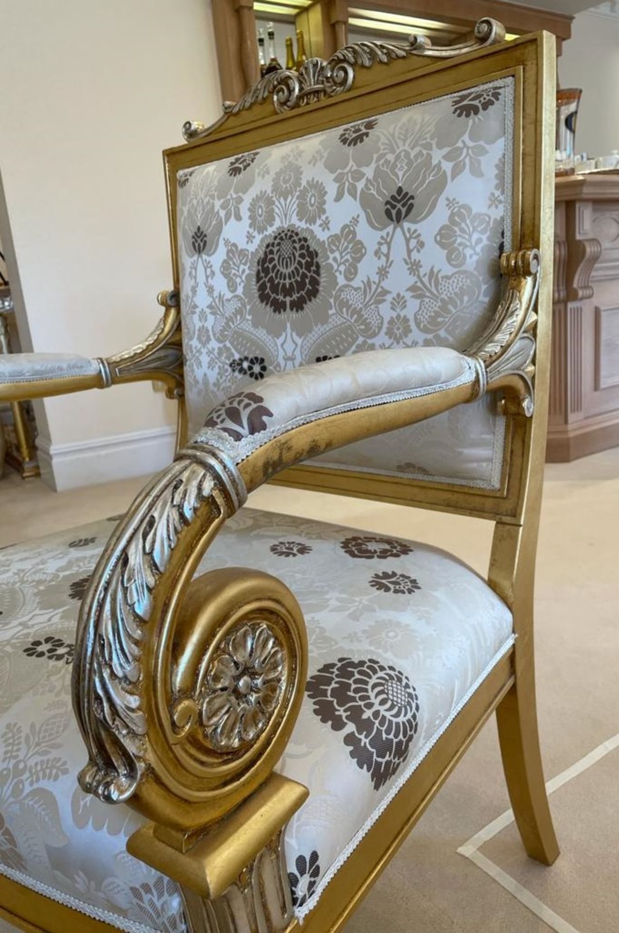 Pair of Scroll Arm Side Chair With Beautiful Carving and Bespoke Upholstery - Size: H105/46 x W75  x - Image 10 of 25