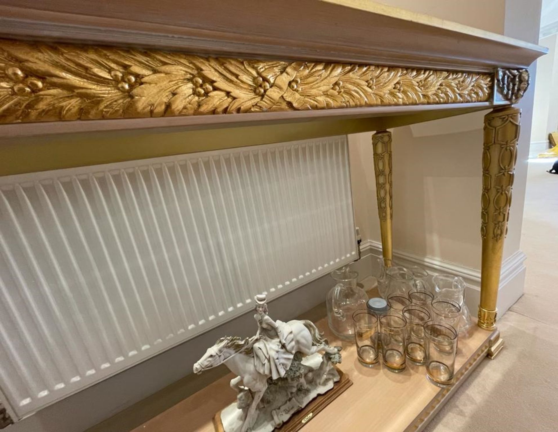 1 x Hand Carved Ornate Console Table Complimented With Birchwood Veneer, Golden Pillar Legs, - Image 3 of 10