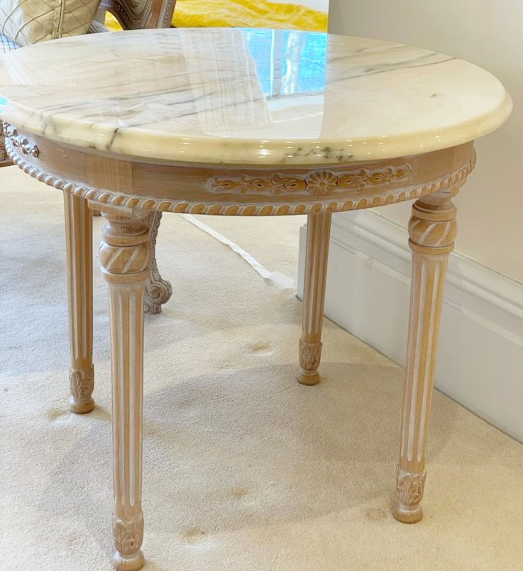 1 x French Shabby Chic Round Lamp Table With Marble Top and Ornate Carved Base - Size: H50 x W60 cms