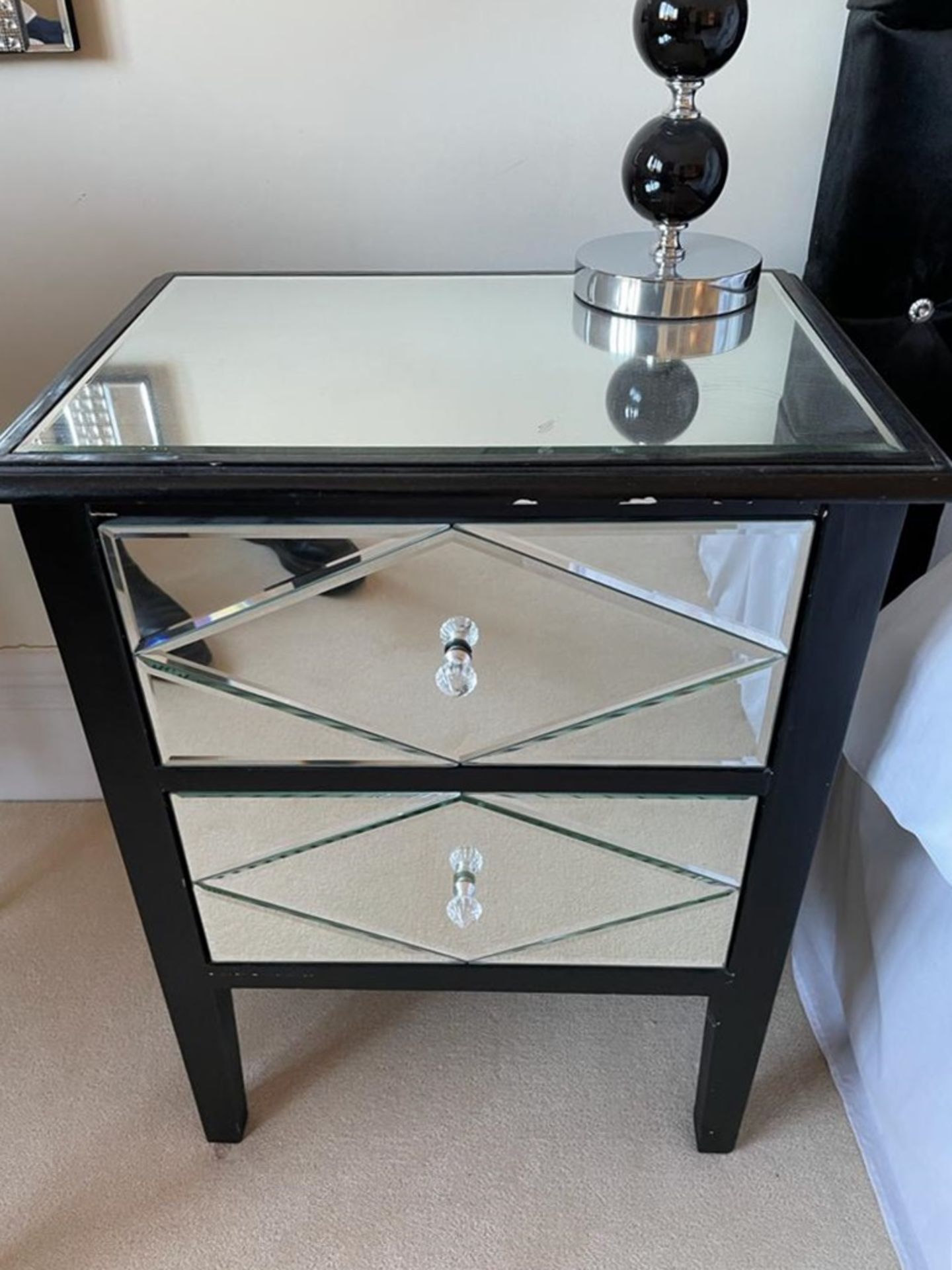 2 x Mirrored Bedside Tables Black Finish - Size: H67 x W51 x D35 cms - NO VAT ON THE HAMMER -