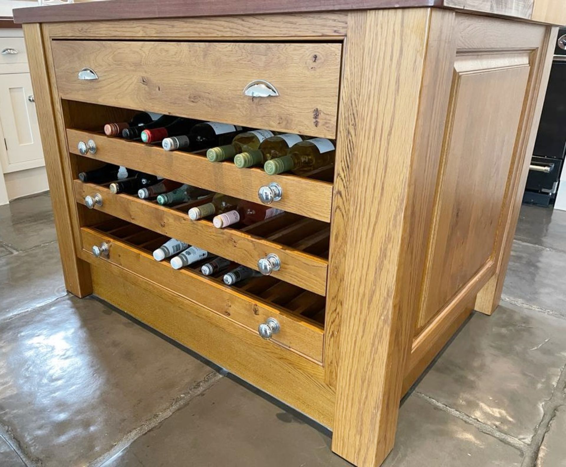 1 x Rustic Solid Wood French Country Kitchen Island With Drawers, Wine Racking + Chopping Block Top - Image 8 of 14