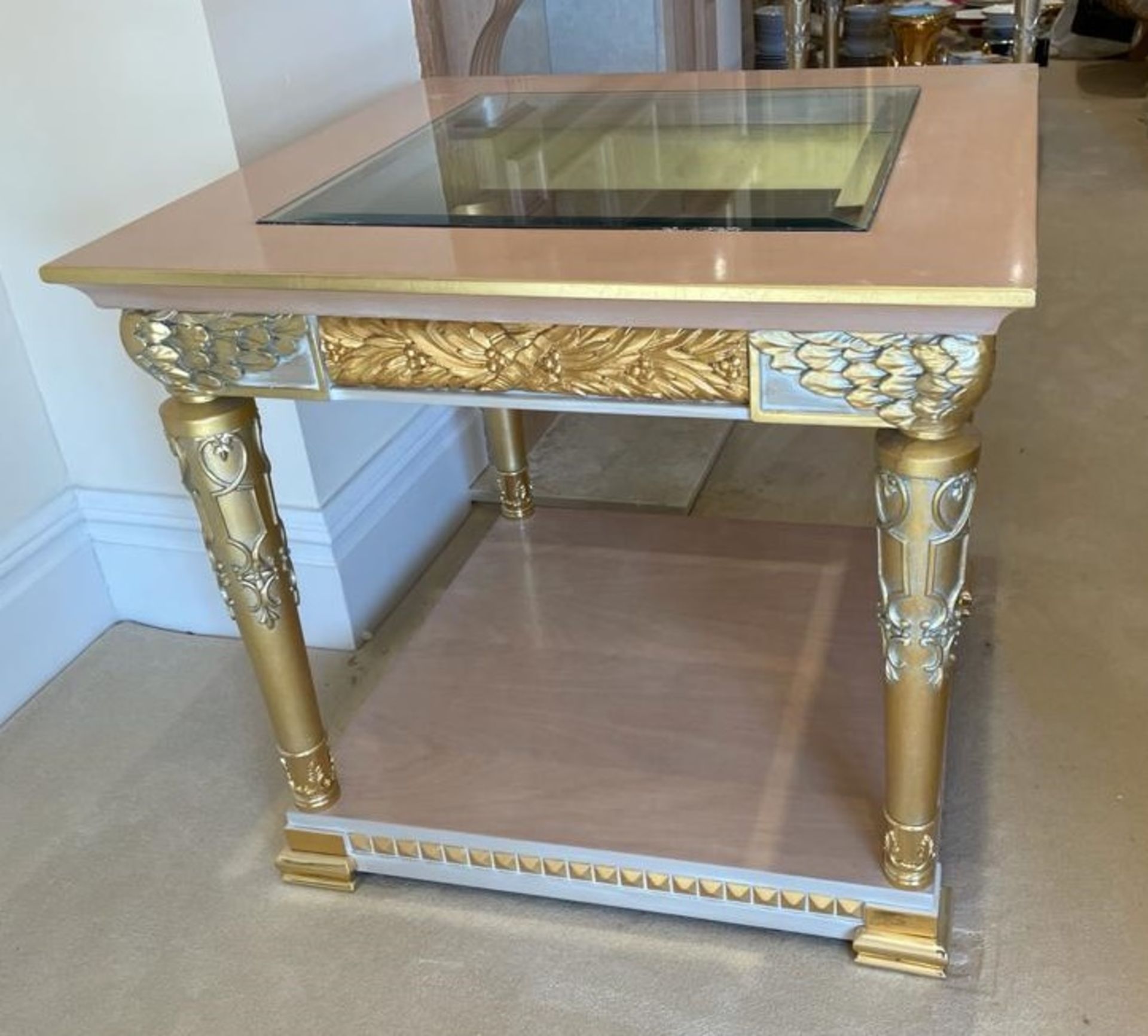 2 x Hand Carved Ornate Side Tables Complimented With Birchwood Veneer, Golden Pillar Legs, Carved - Image 7 of 13