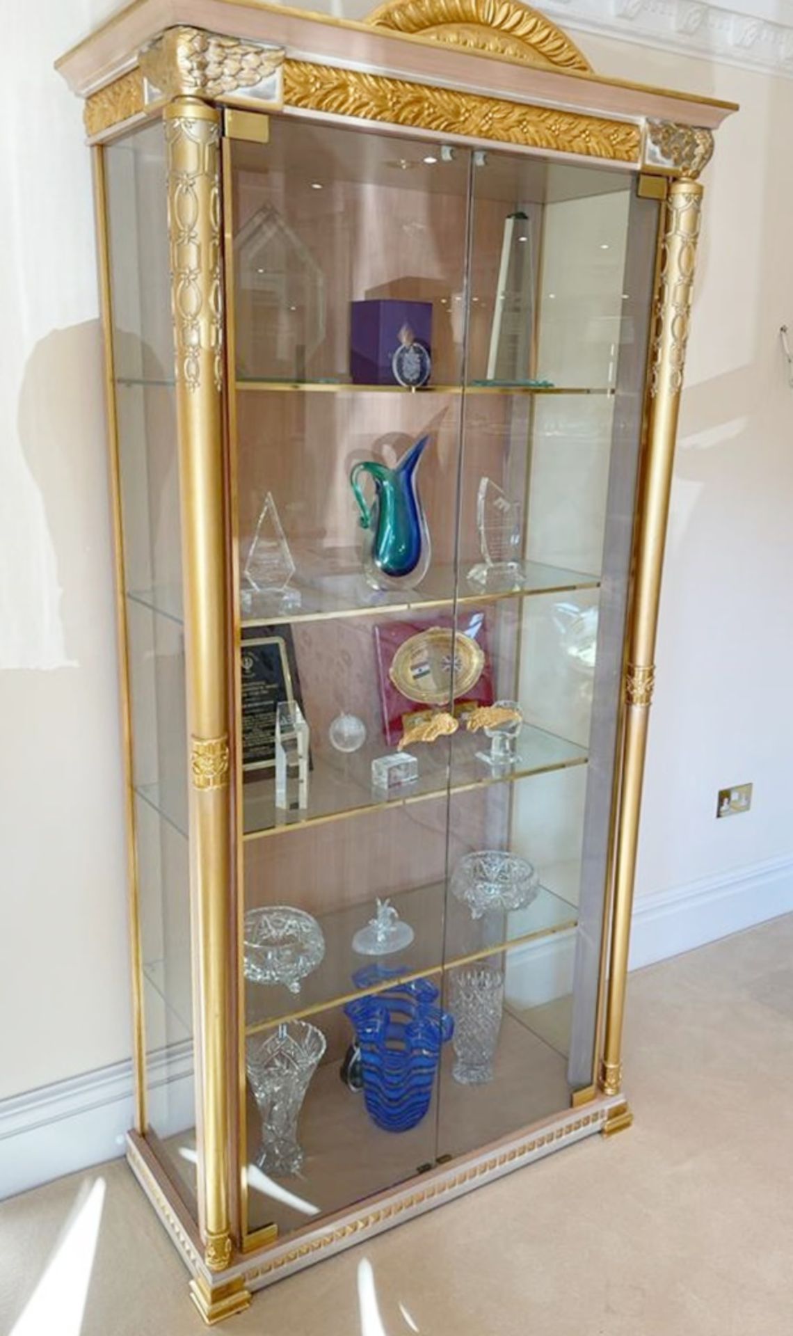 1 x Grand Showcase Upright Display Cabinet With Hand Carved Detail Finished in Gold - Features - Image 2 of 12