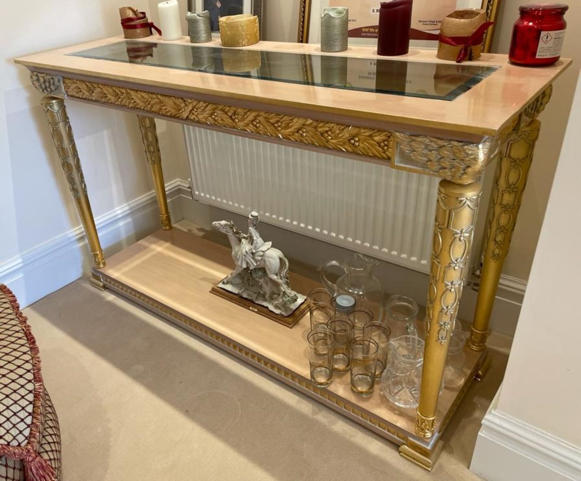 1 x Hand Carved Ornate Console Table Complimented With Birchwood Veneer, Golden Pillar Legs, - Image 10 of 10