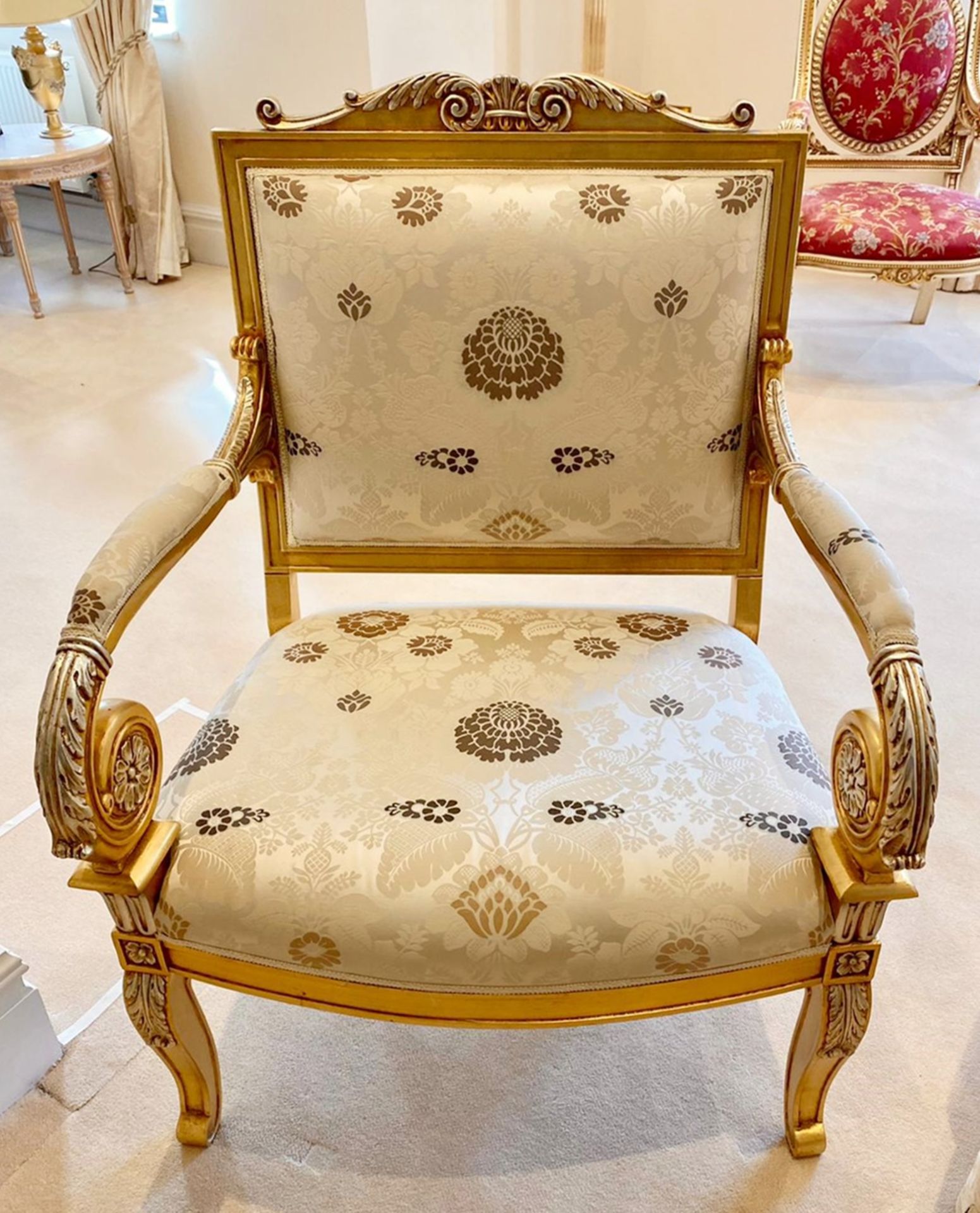 Pair of Scroll Arm Side Chair With Beautiful Carving and Bespoke Upholstery - Size: H105/46 x W75  x - Image 2 of 25