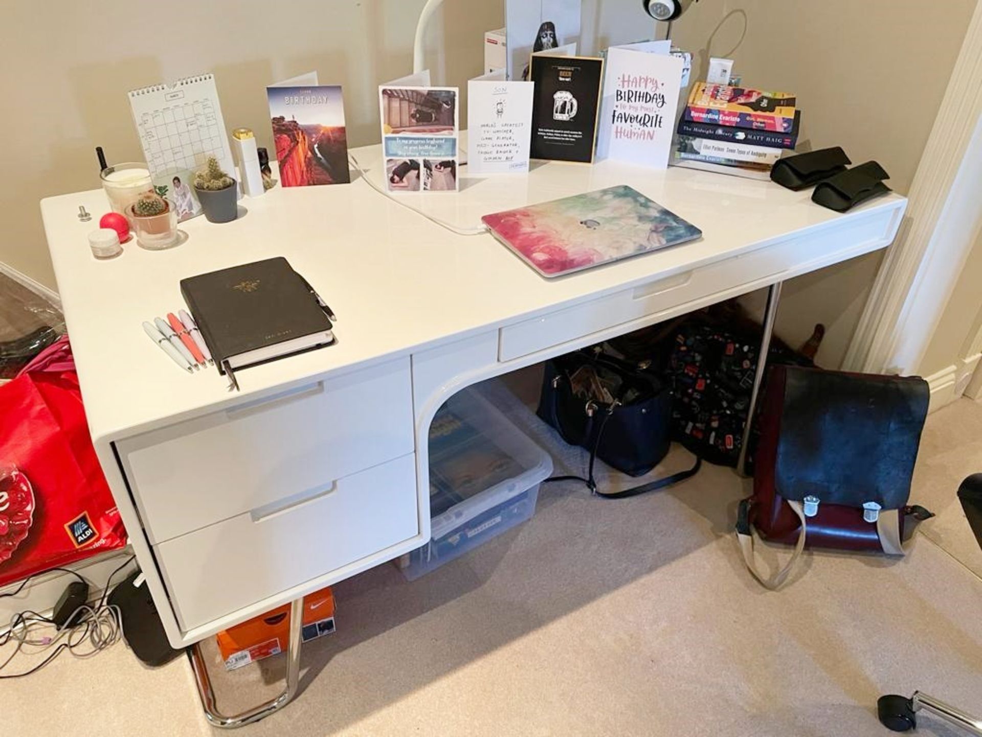 1 x Contemporary Home Office Desk in White Gloss With Chrome Legs and Three Drawers - Size: H70 x