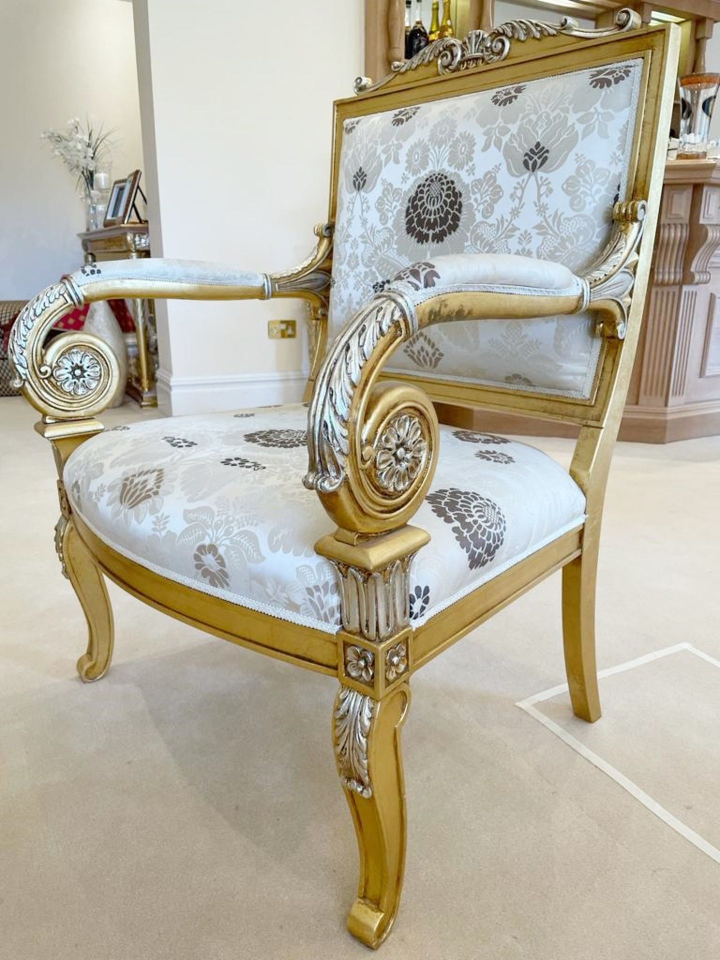 Pair of Scroll Arm Side Chair With Beautiful Carving and Bespoke Upholstery - Size: H105/46 x W75  x