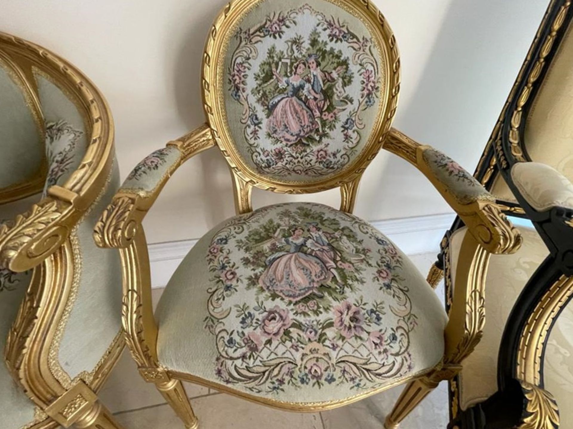 1 x Louis XVI French Style Three-Piece Salon Suite With Tapestry Upholstery and Carved Gold - Image 5 of 37