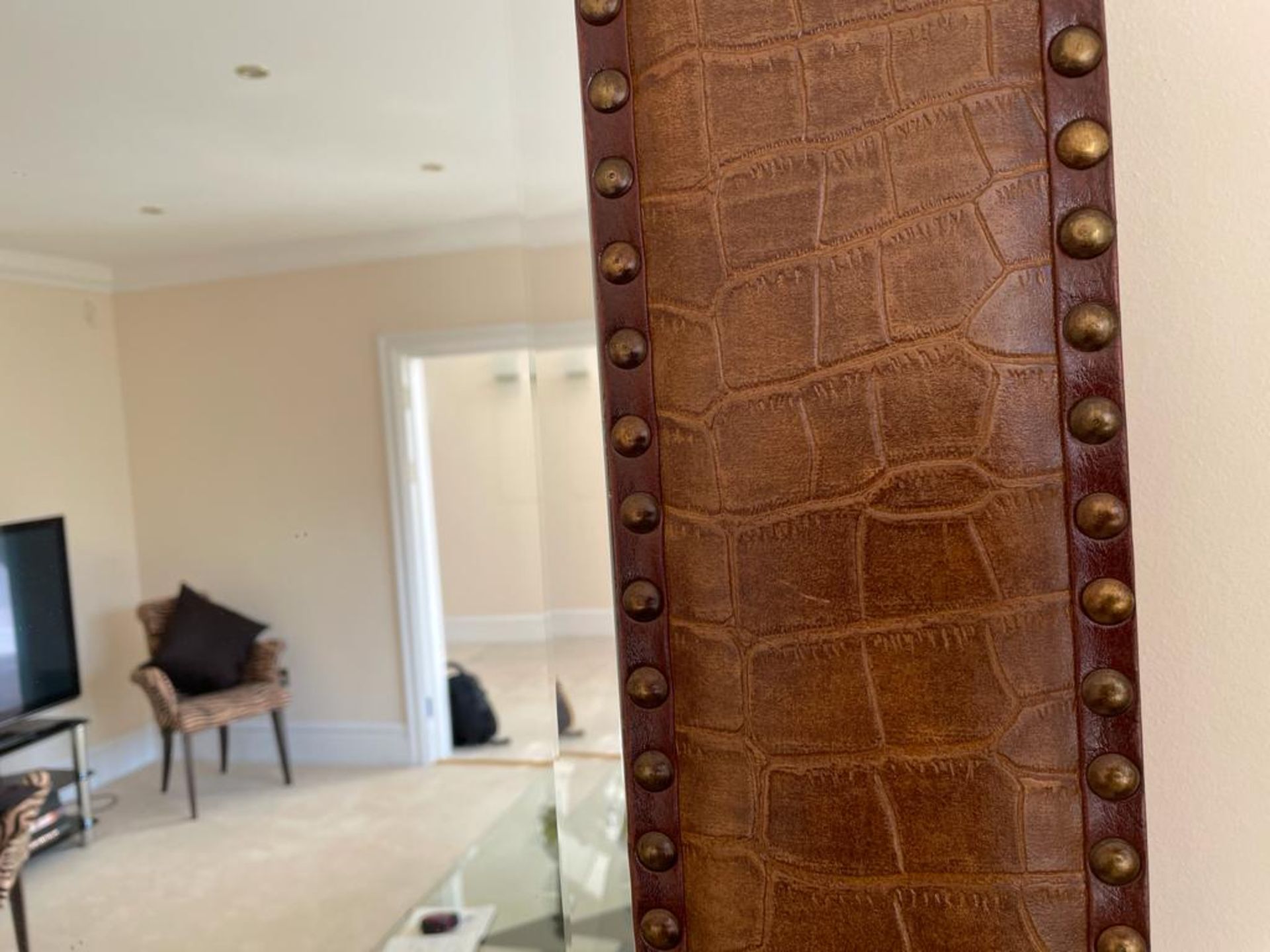 1 x Large Wall Mirror With Studded Crocodile Skin Effect Leather  Upholstery Bevelled Edge Glass - Image 5 of 5