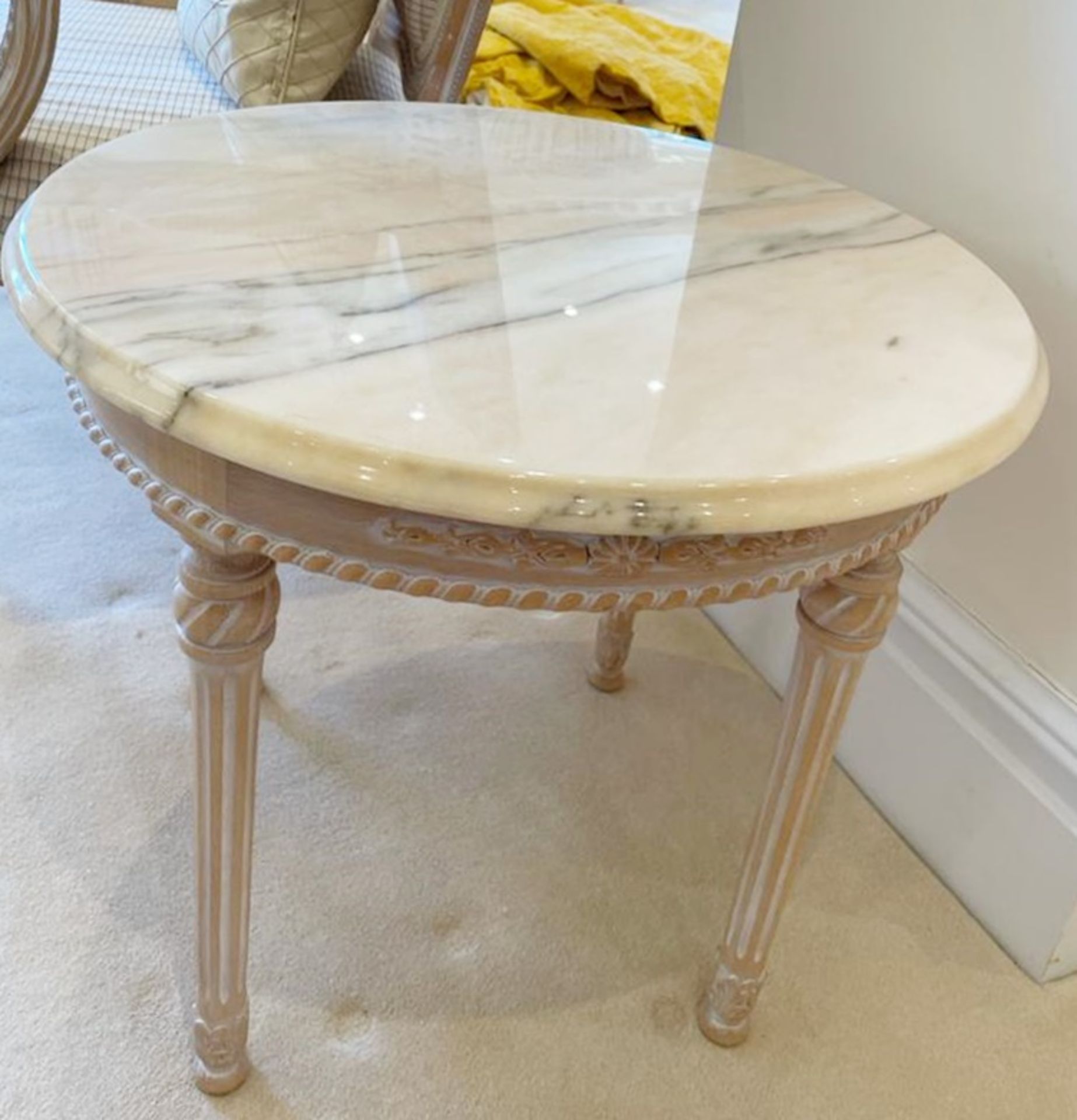1 x French Shabby Chic Round Lamp Table With Marble Top and Ornate Carved Base - Size: H50 x W60 cms - Image 8 of 11