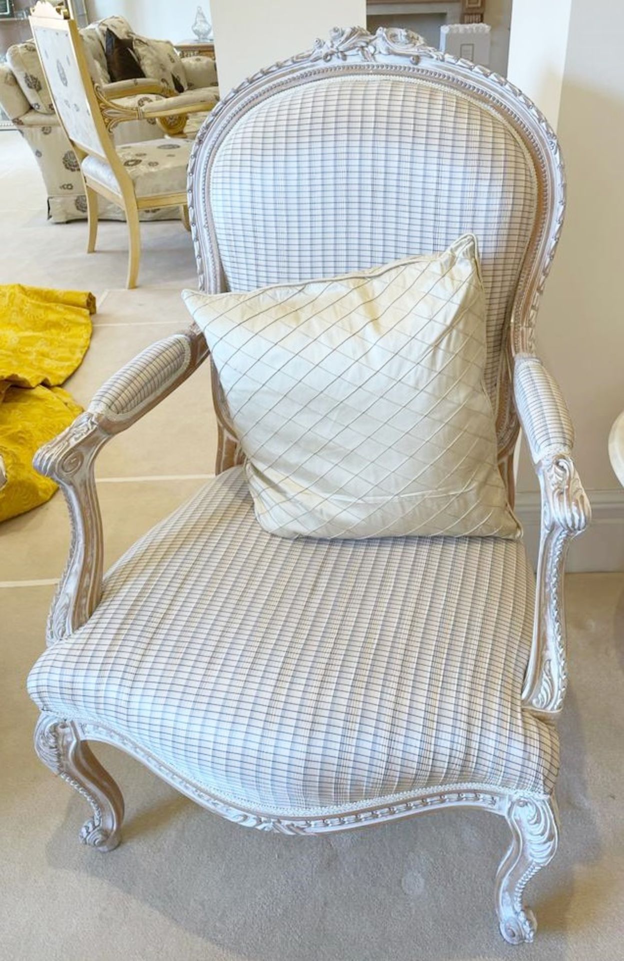 Pair of French Shabby Chic Bedroom Chairs - Stunning Carved Wood Chair Upholstered With Striped - Image 16 of 16