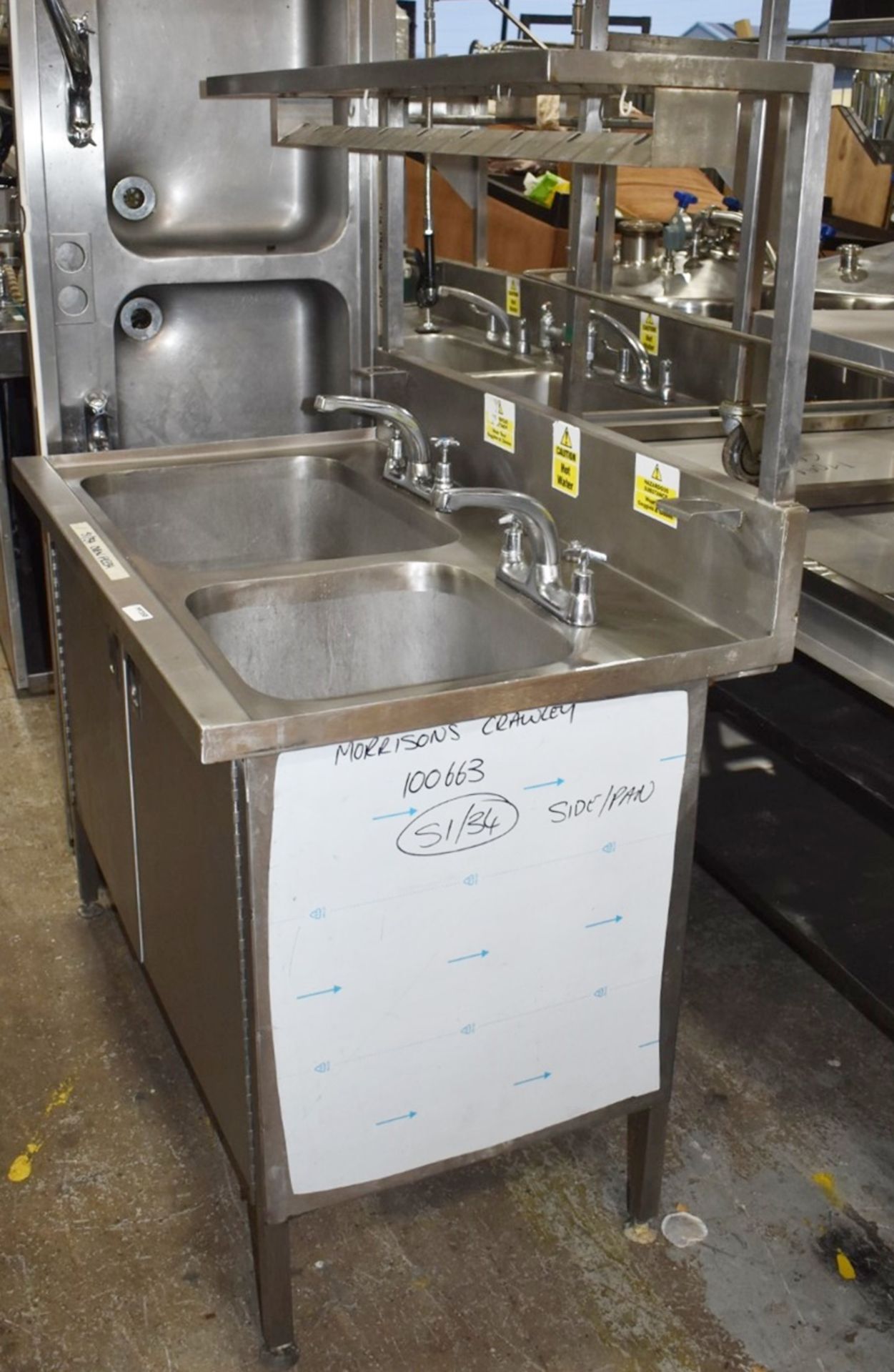 1 x Commercial Kitchen Wash Station With Two Large Sink Bowls, Mixer Taps, Overhead Drying Rack - Image 2 of 9