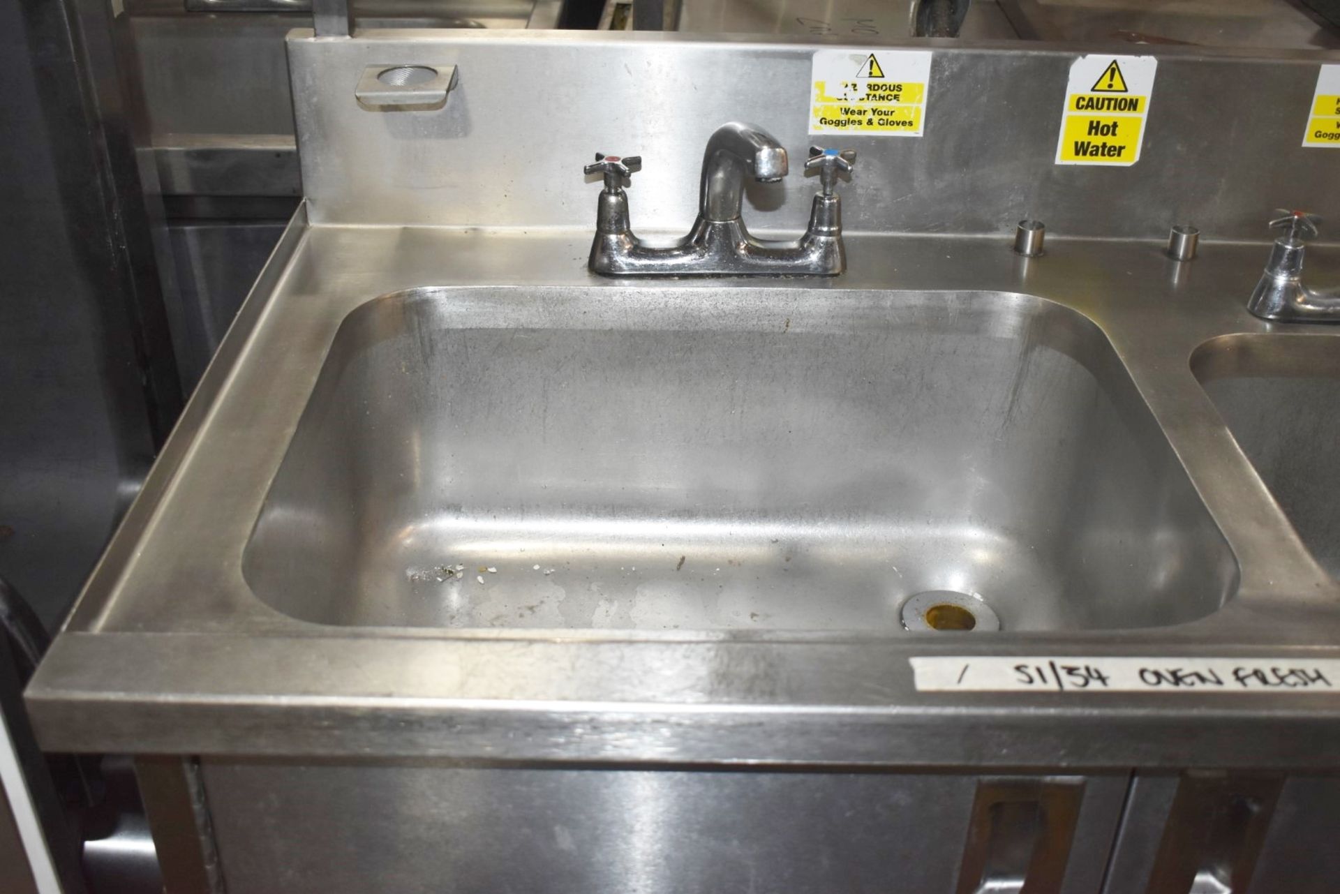 1 x Commercial Kitchen Wash Station With Two Large Sink Bowls, Mixer Taps, Overhead Drying Rack - Image 7 of 9