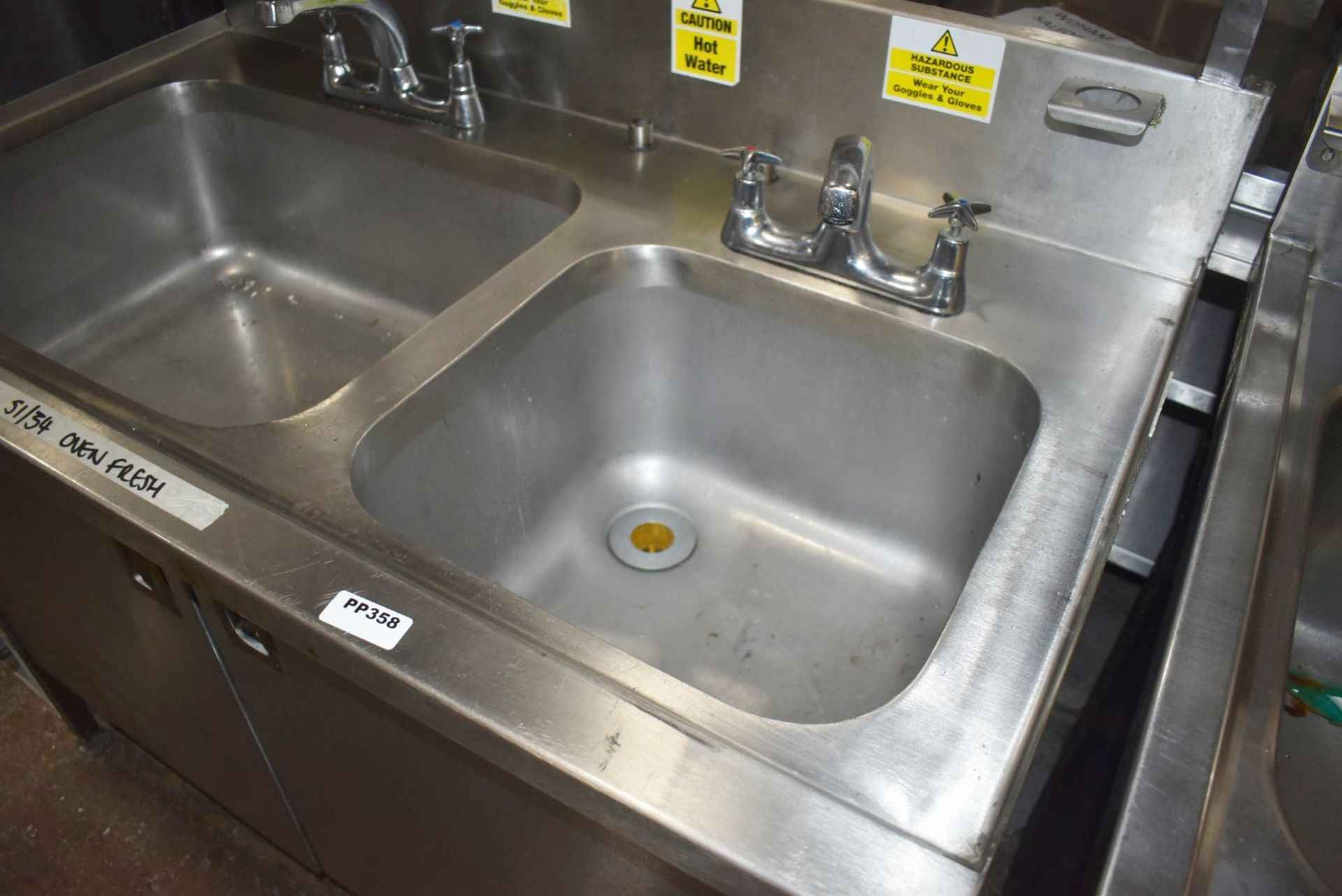 1 x Commercial Kitchen Wash Station With Two Large Sink Bowls, Mixer Taps, Overhead Drying Rack - Image 9 of 9