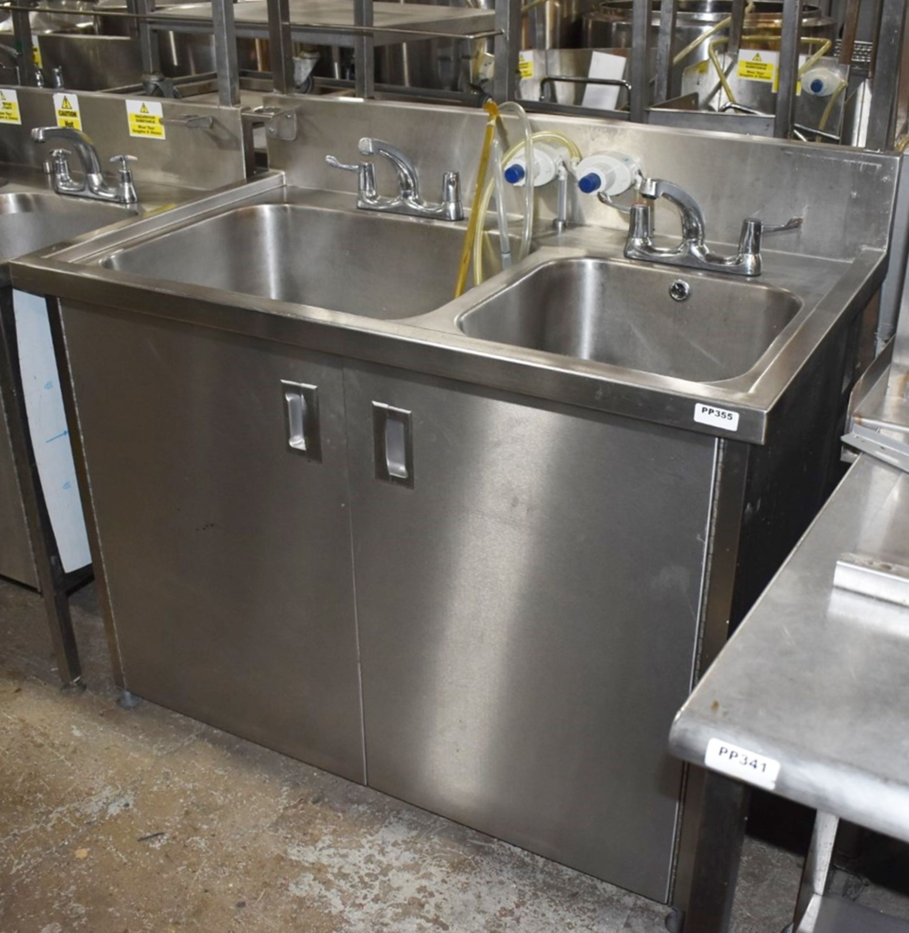 1 x Commercial Kitchen Wash Station With Two Large Sink Bowls, Mixer Taps, Overhead Drying Rack