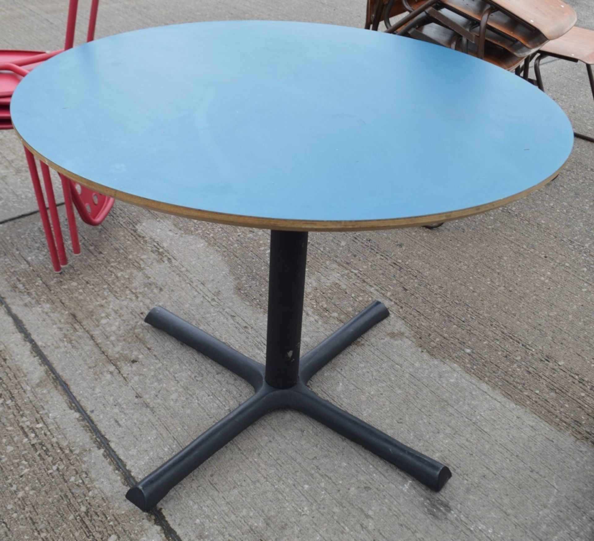 3 x Round Bistro Tables In Yellow And Teal - Dimensions: Diameter 100 x H74cm - Ref: WCH107 - Image 2 of 2