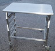 1 x Stainless Steel Commercial Kitchen Mobile Prep Table On Castors - Dimensions: H88 x W91 x