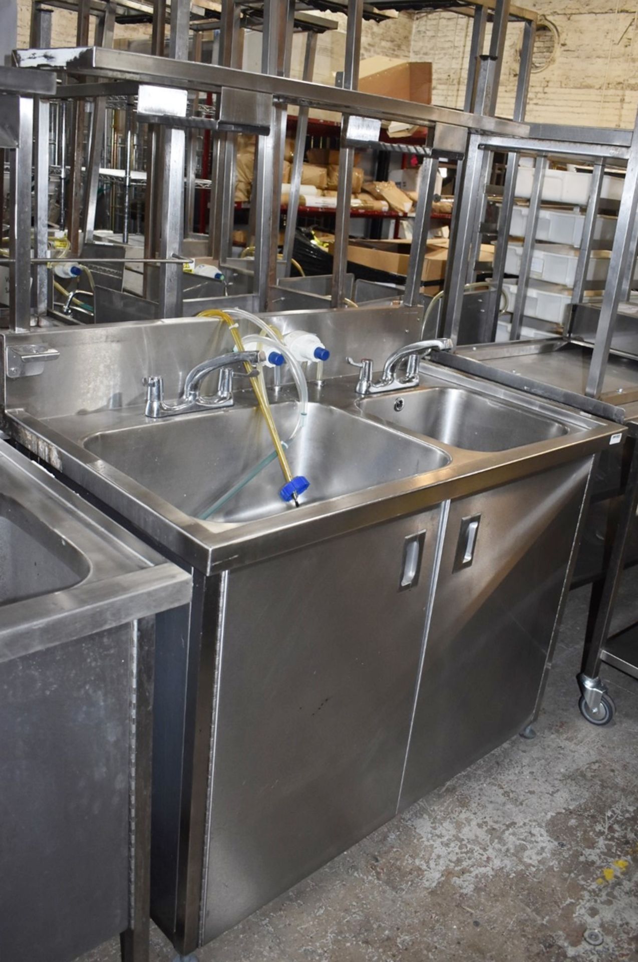 1 x Commercial Kitchen Wash Station With Two Large Sink Bowls, Mixer Taps, Overhead Drying Rack - Image 2 of 7