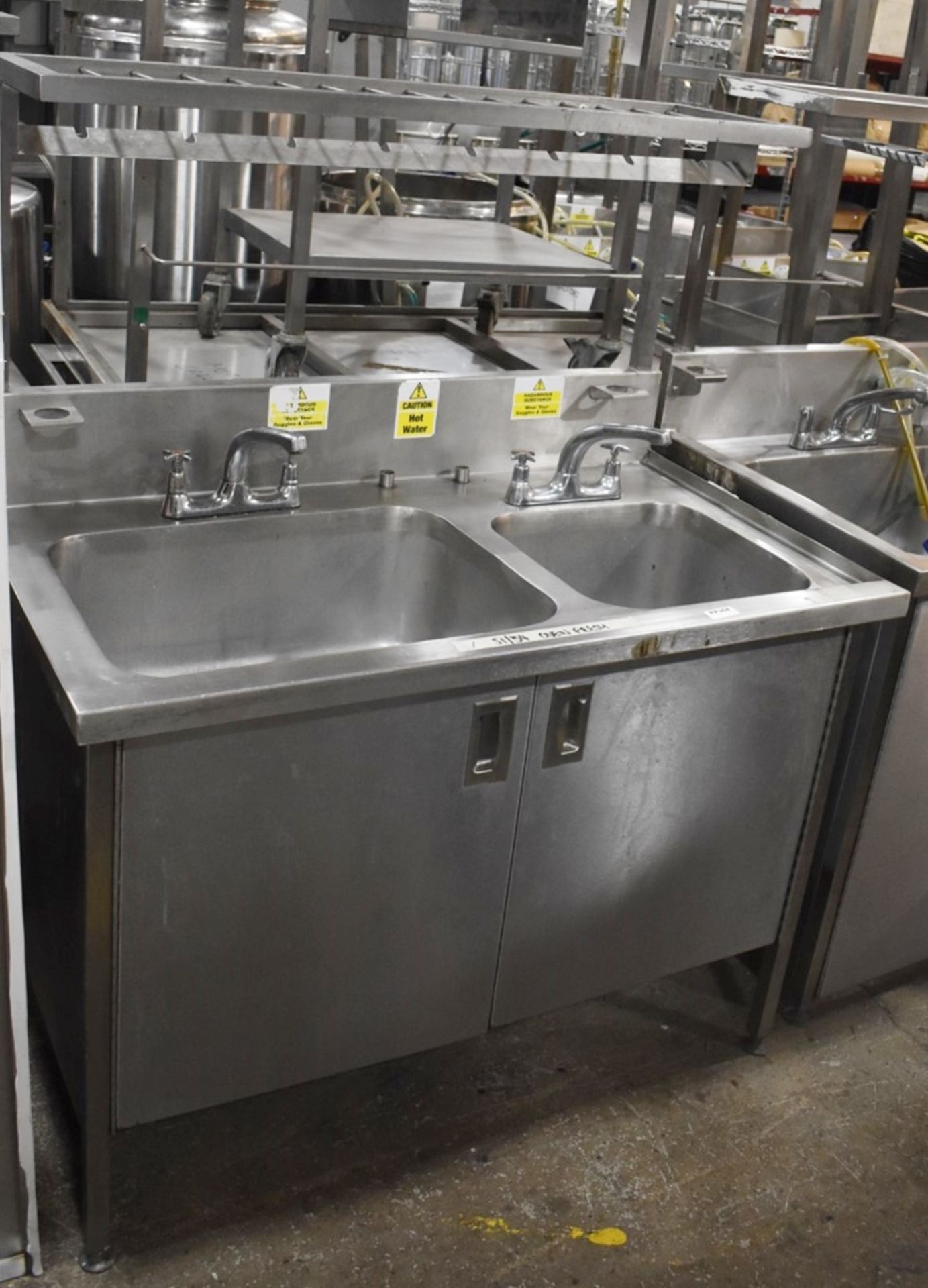 1 x Commercial Kitchen Wash Station With Two Large Sink Bowls, Mixer Taps, Overhead Drying Rack