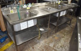 1 x Commercial Kitchen Wash Station With Two Large Sink Bowls, Mixer Taps, Spray Wash Guns, Drainer,