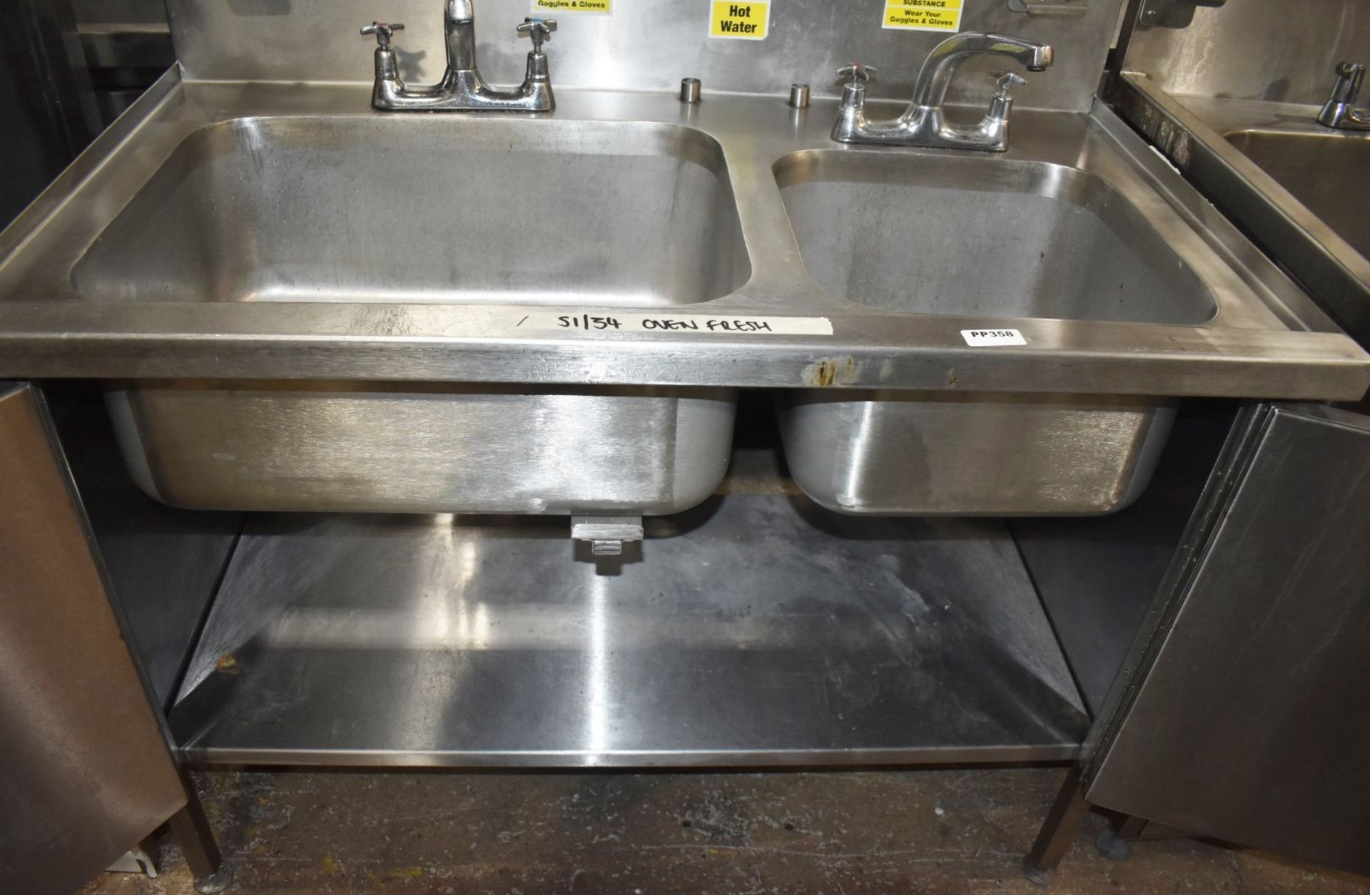 1 x Commercial Kitchen Wash Station With Two Large Sink Bowls, Mixer Taps, Overhead Drying Rack - Image 8 of 9