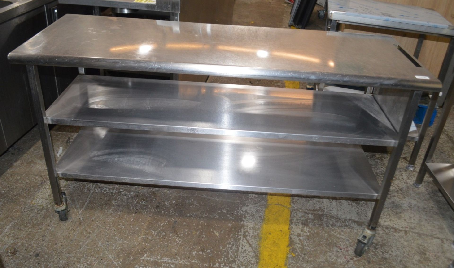 1 x Stainless Steel Commercial Kitchen Long Prep Table On Castors - Dimensions: H89 x W160 x D60cm - - Image 2 of 3