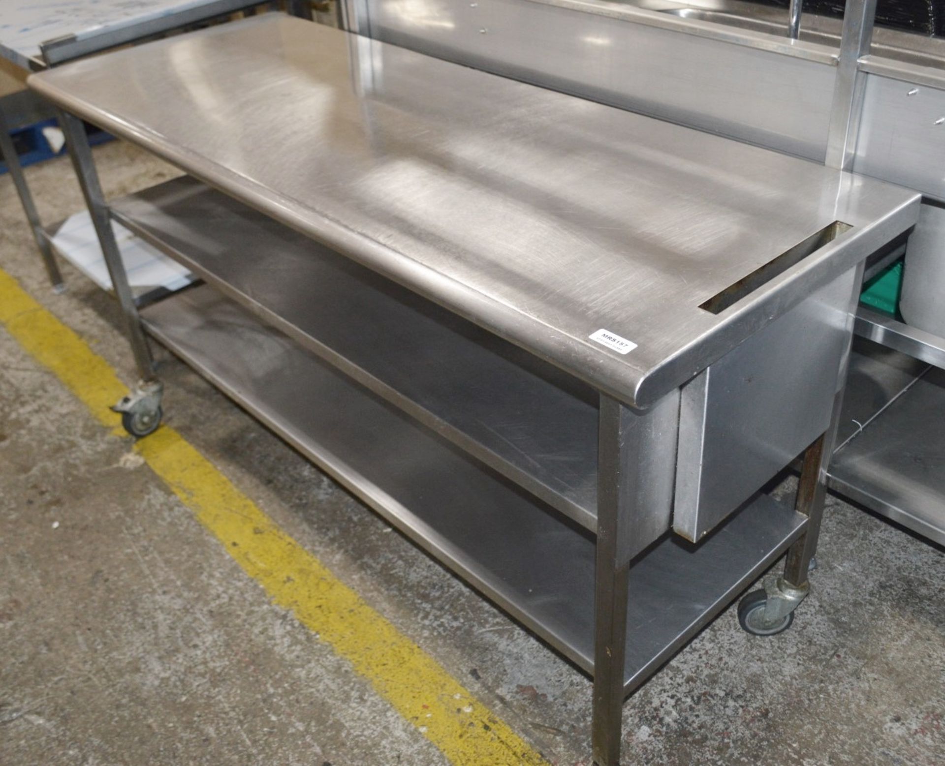 1 x Stainless Steel Commercial Kitchen Long Prep Table On Castors - Dimensions: H89 x W160 x D60cm -