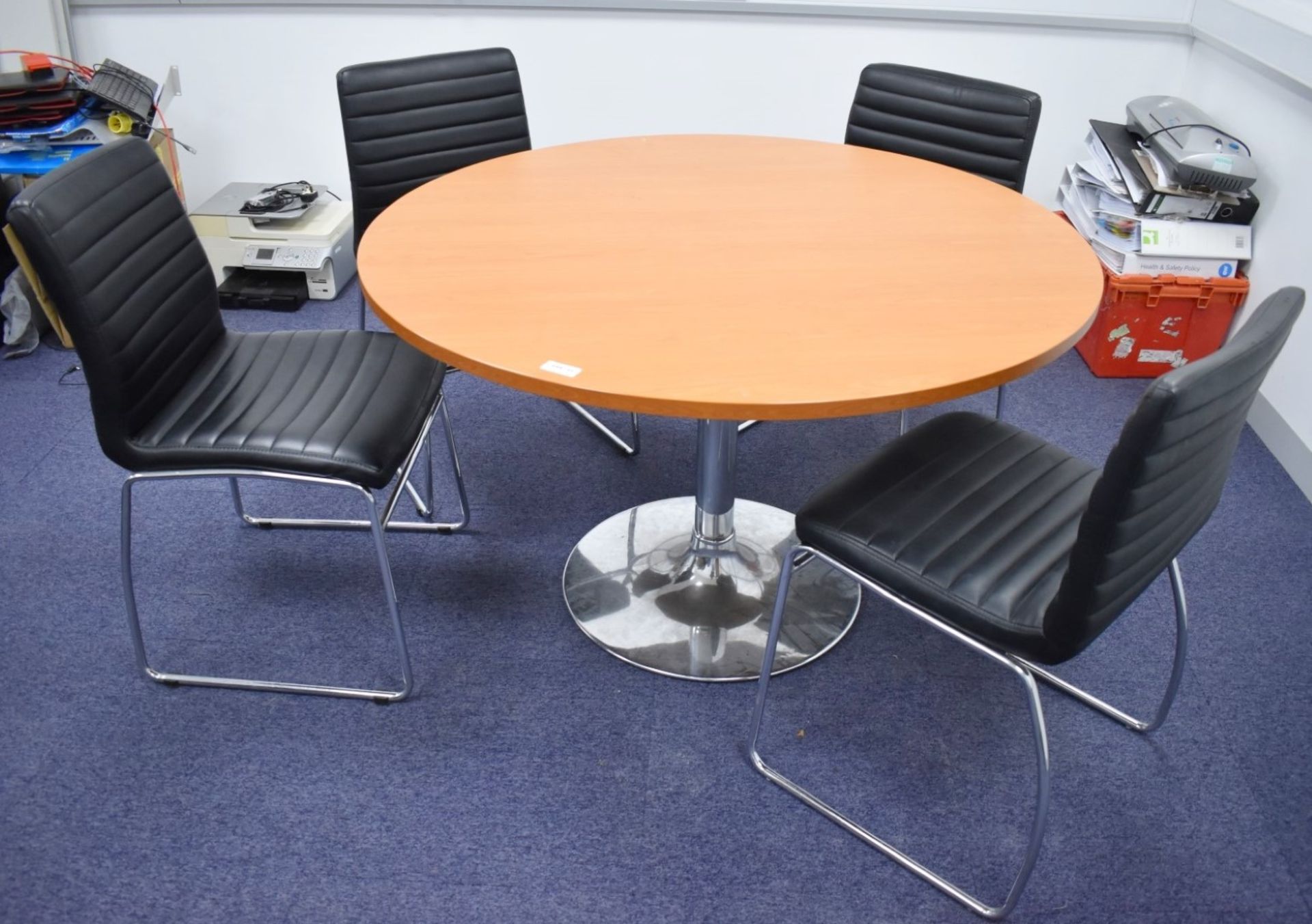 1 x Cherry Wood Office Meeting Table With Chrome Base and Four Black Faux Leather Office Chairs