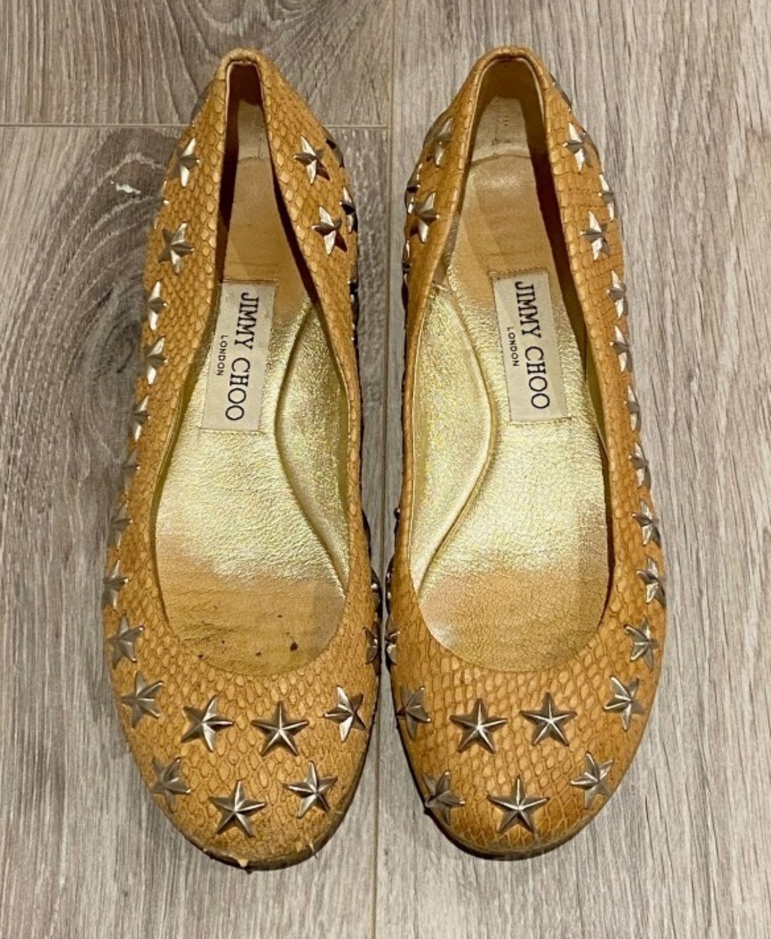 1 x Pair Of Genuine Jimmy Choo Flats In Tan - Size: 36 - Preowned in Very Good Condition - Ref: LOT1