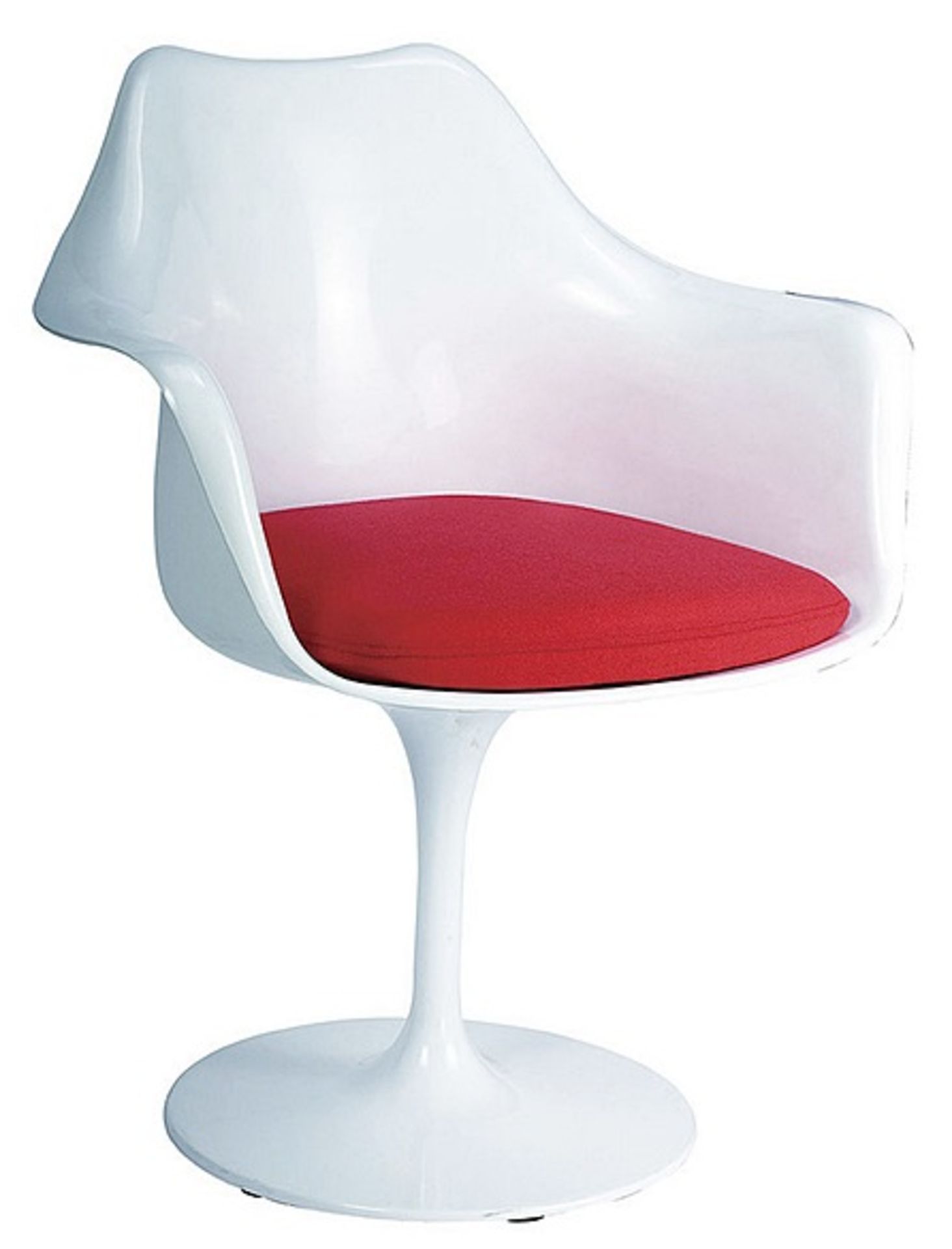 1 x Eero Saarinen Inspired Tulip Armchair In White With Red Fabric Cushion - Brand New Boxed Stock -