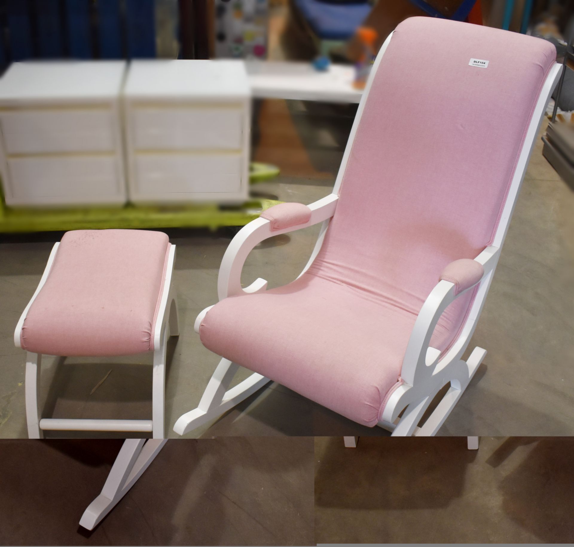 1 x Mother and Baby Rocking Chair With Footstool - Pink Upholstery and White Frame - Size W60 x D110