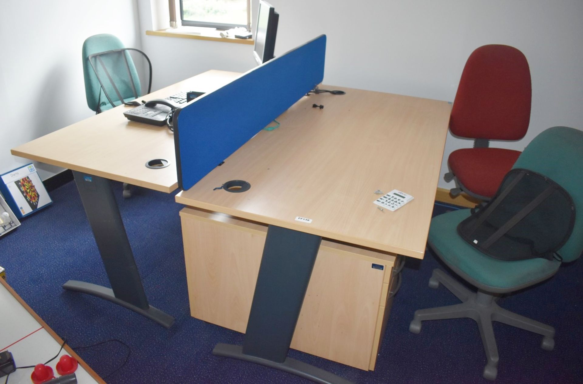 1 x Assorted Collection of Office Furniture - Includes 2 x 160cm Office Desks, 3 x Swivel Chairs,