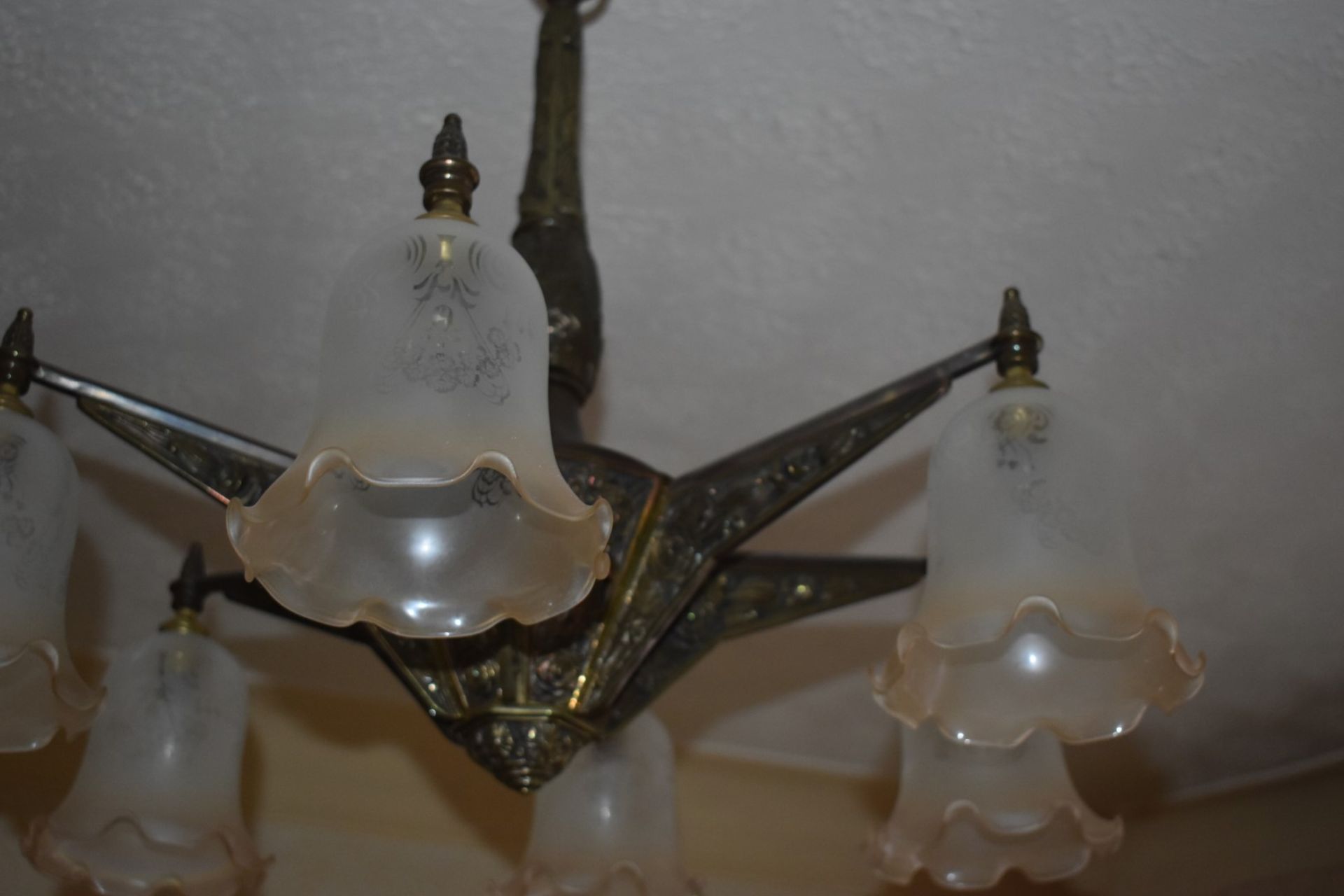 1 x Vintage 6 Light Bronze Chandelier With Frosted Glass Tulip Bell Shades - Dimensions: Drop 72 x - Image 6 of 14