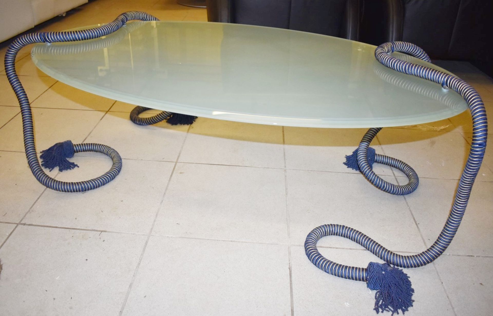 1 x Smoked Glass Coffee Table - Elevated Design With Rope Legs - To Be Removed From an Exclusive