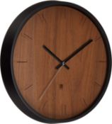 1 x 'Madera' Designer Wall Clock Featuring A Black Frame And Walnut Face - 32cm Diameter - Brand New