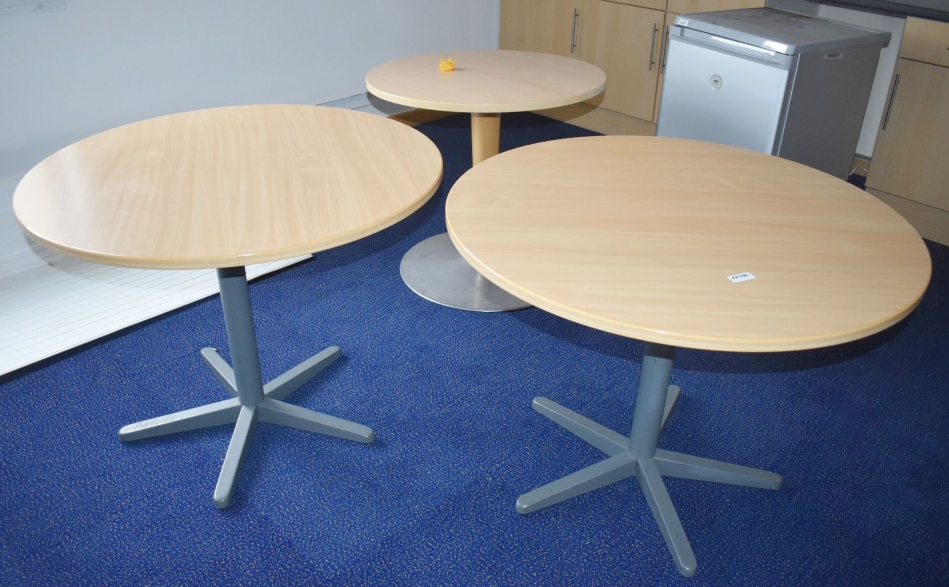3 x Round Canteen Staff Room Tables in Beech With 8 x Plastic Chairs in Black and Red and 2 x Office