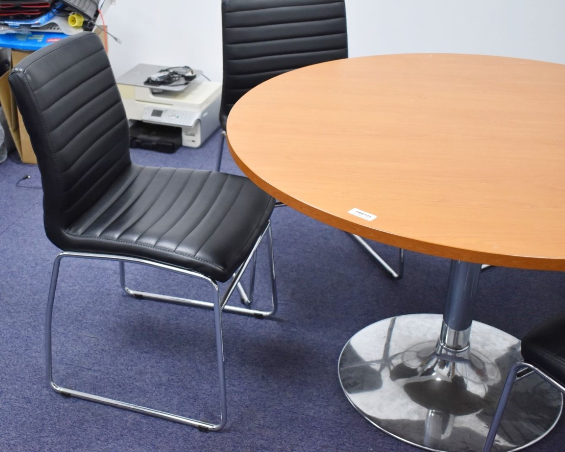 1 x Cherry Wood Office Meeting Table With Chrome Base and Four Black Faux Leather Office Chairs - Image 3 of 6