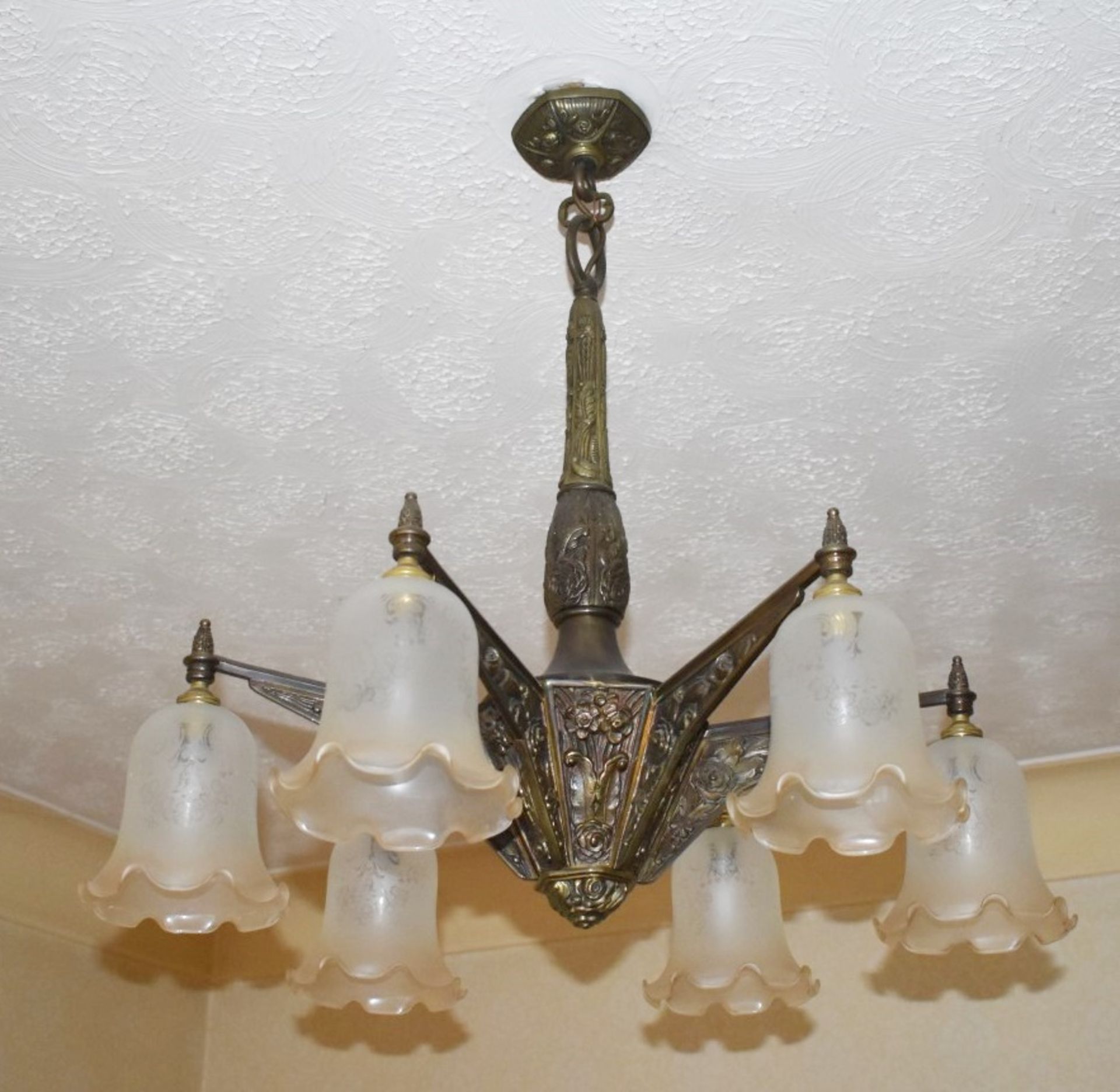 1 x Vintage 6 Light Bronze Chandelier With Frosted Glass Tulip Bell Shades - Dimensions: Drop 72 x - Image 8 of 14