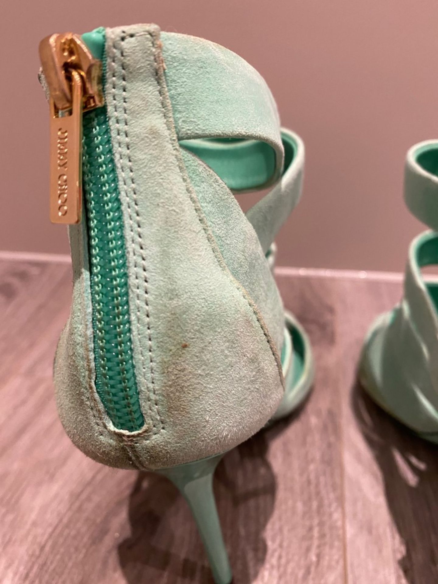 1 x Pair Of Genuine Jimmy Choo High Heel Shoes In Mint Green - Size: 36 - Preowned in Worn Condition - Image 5 of 6