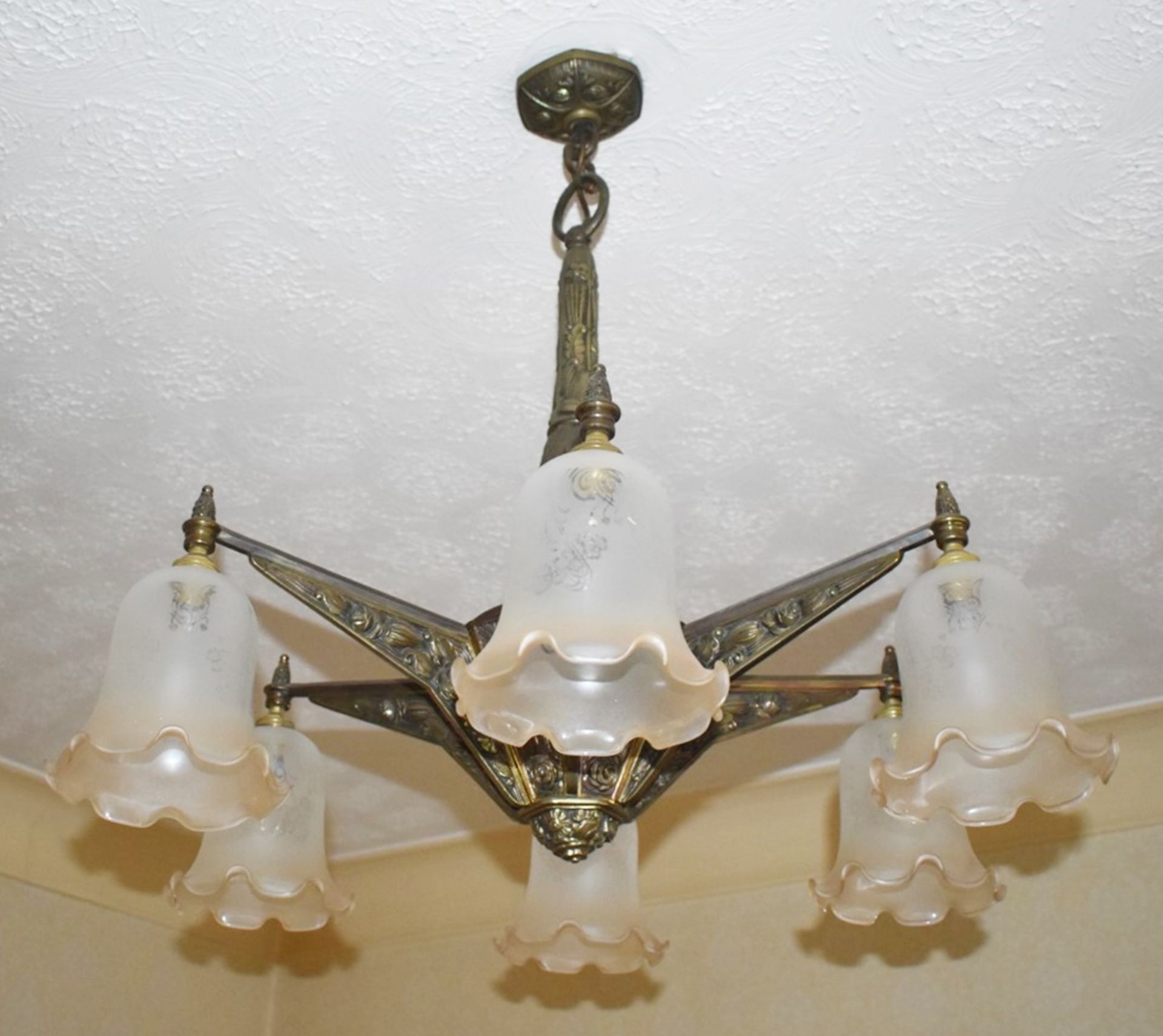 1 x Vintage 6 Light Bronze Chandelier With Frosted Glass Tulip Bell Shades - Dimensions: Drop 72 x - Image 5 of 14